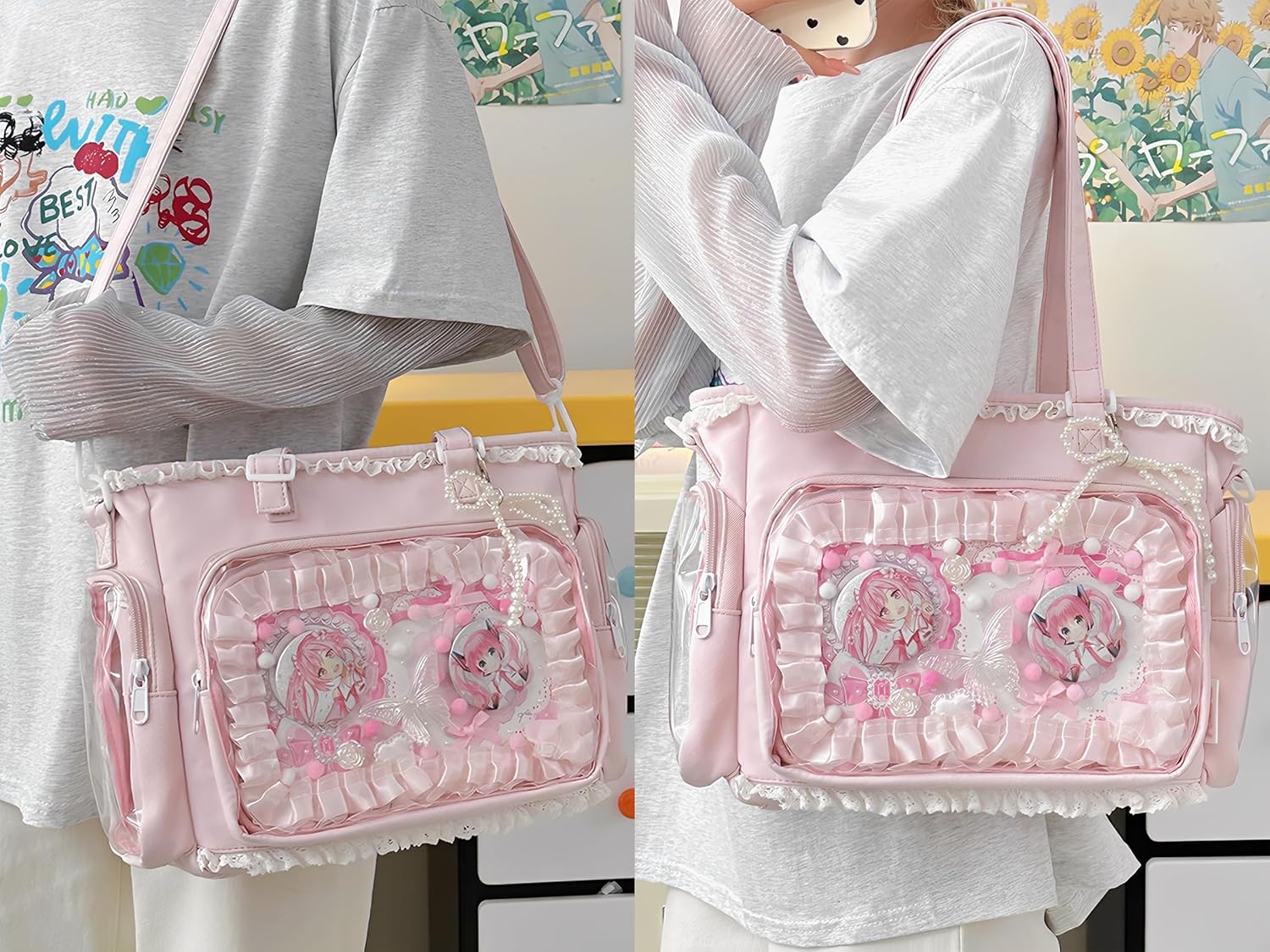 Ita Tote Crossbody Bag with Insert, Large Lace Clear Window Pin Display Bag, Kawaii Ita Bag for Anime Convention