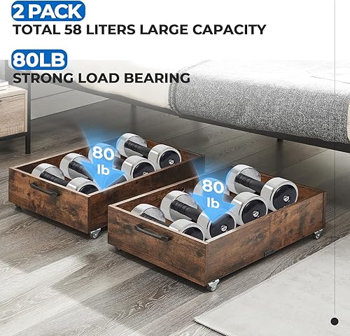 Miniatura 3 de Almacenamiento debajo de la cama con ruedas, paquete de 2 cajones organizadores de almacenamiento de zapatos debajo de la cama, organizador de Marrón