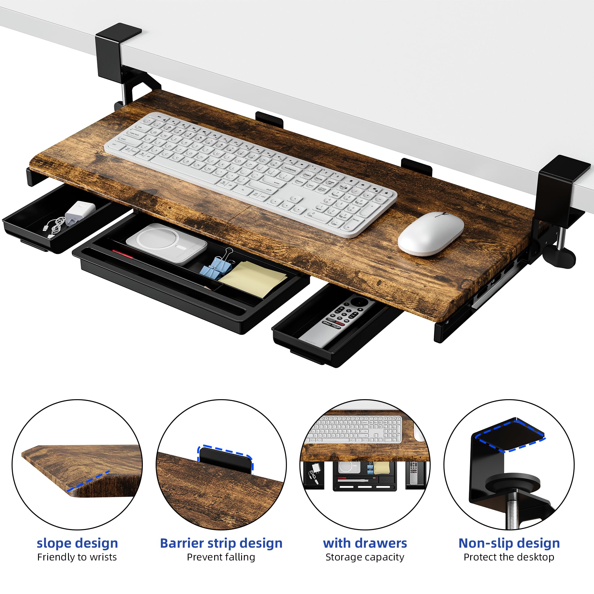 ETHU Bandeja para teclado debajo del escritorio con cajones de almacenamiento, cajón de teclado de 68 x 30 cm con abrazadera en C, estante retráctil para teclado debajo del escritorio para el hogar y