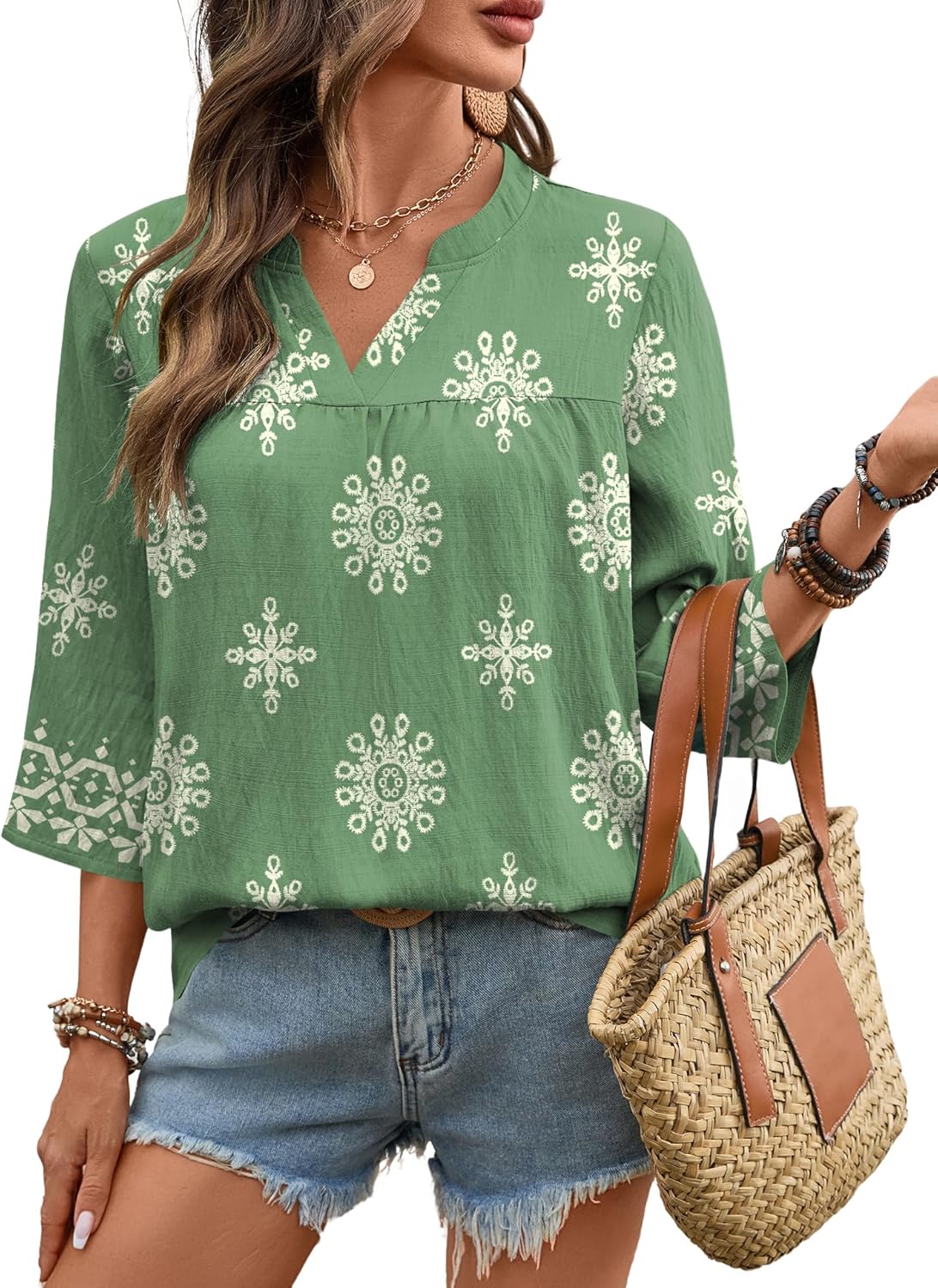 Rapbin Womens 3/4 Sleeve V Neck Floral Print Pleated Blouses for Women Dressy Casual Loose Fit Tops - Image 3