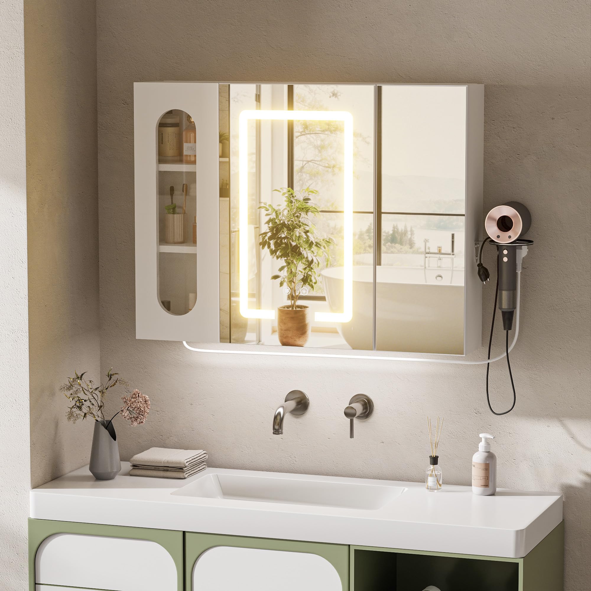 Spiegelschrank Bad mit Beleuchtung und Antibeschlag Funktion Hängender Badezimmer Spiegelschrank mit Steckdose (2*AC + 3*USB) und 3 Freistehende Staufächer für Badezimmer,80x60x16 cm