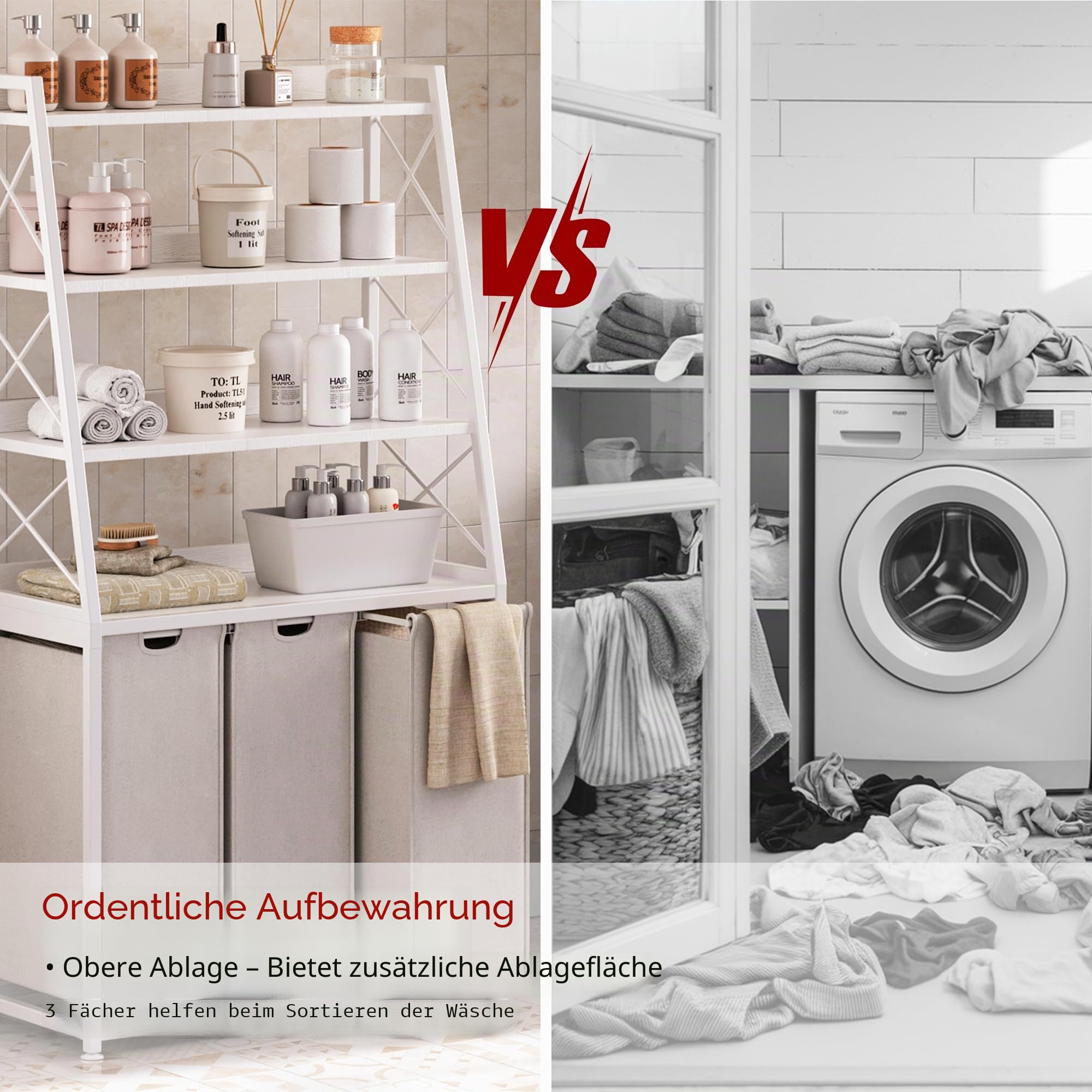 Herture Wäschekorb, 3 Abschnitte Wäschesammler mit 4 Etagen Regal, ausziehbare und abnehmbare Wäschesäcke, groß 3 x 60 L, für Waschküche Badezimmer, Weiß PF05XLW