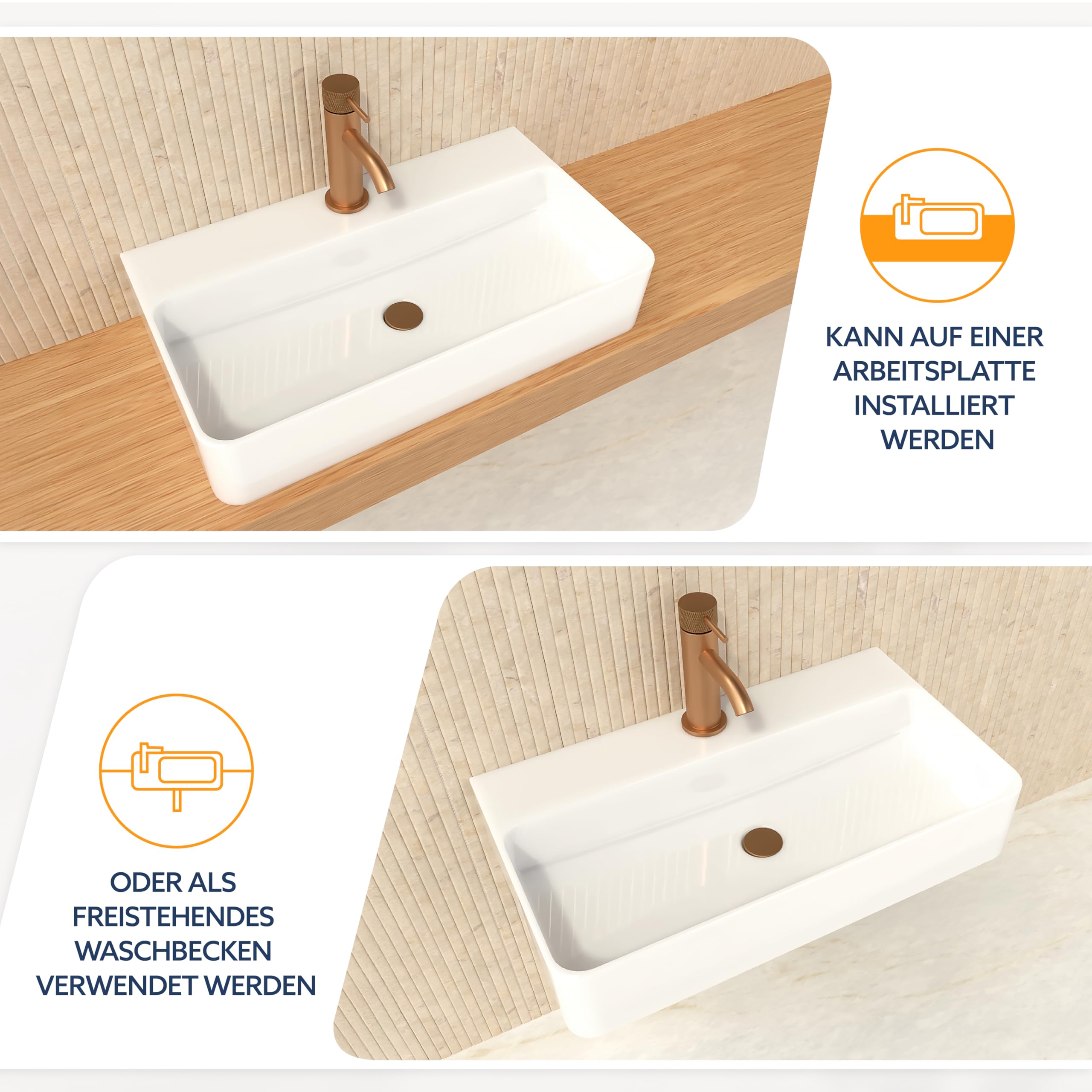 HOGART lavabo baño 54x30 cm con seno a la derecha, lavabo de cerámica blanco rectangular, lavabo suspendido pared o sobre encimera, con orificio para grifo, sin rebosadero, ideal baño moderno — view 5