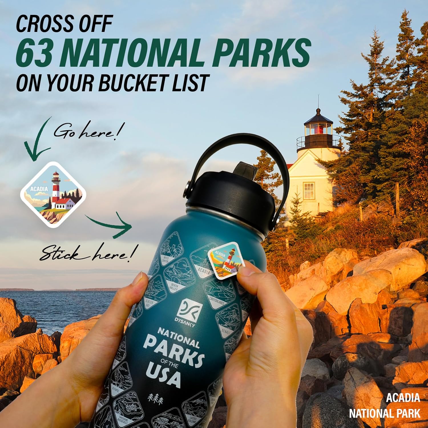 National Parks Water Bottle – 32 oz Insulated Stainless Steel Water Jug with 63 Hand-Drawn Park Stickers, Outdoor Accessories & Gift Box – BPA-Free – Ideal for Hiking, Camping & Travel