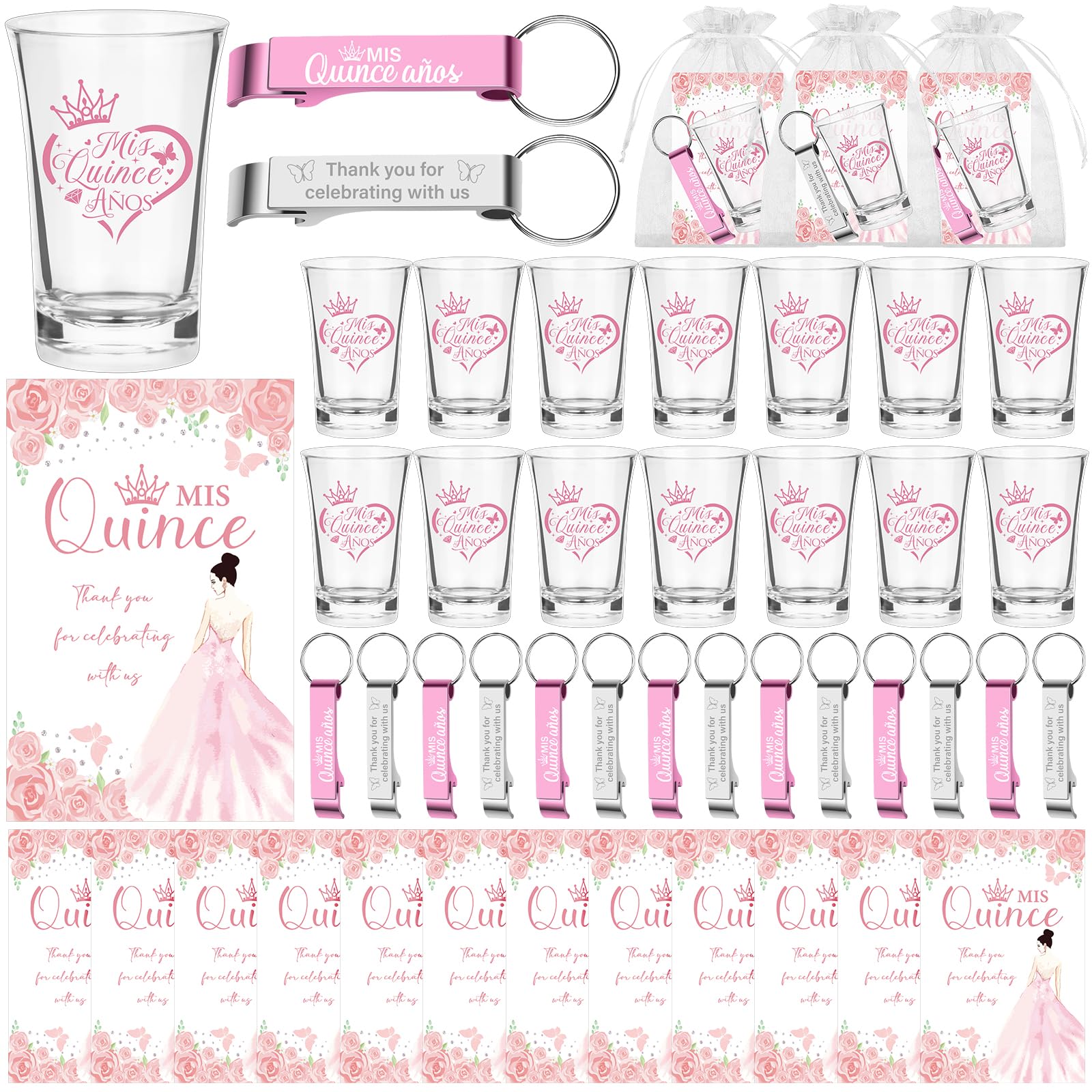 Juego De 25 Recuerdos Para Quinceañera – Vasos Shot, Abrebotellas, Tarjetas Y Bolsas De Organza Rosa, Fiesta Mis XV