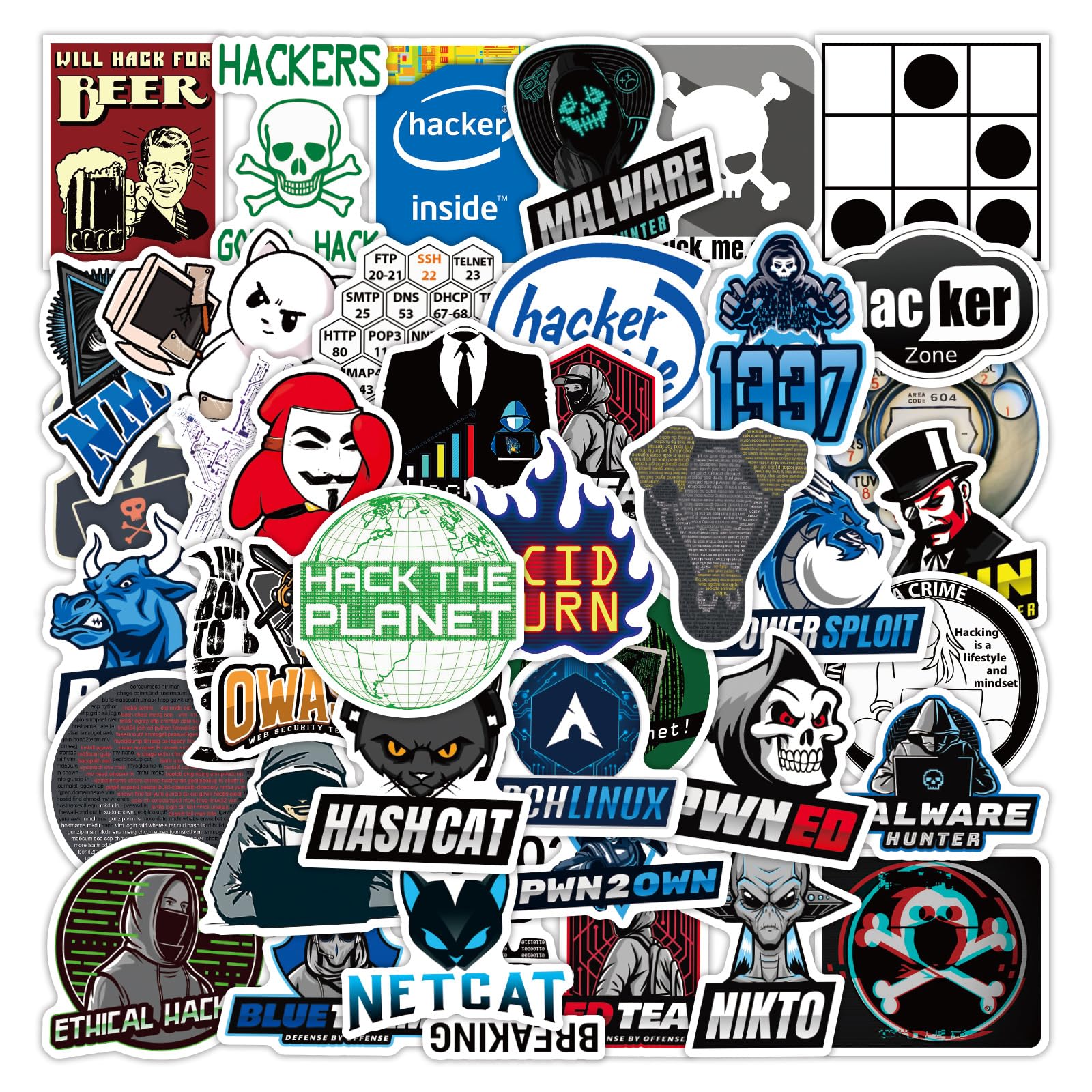 50 Stück Hacker Aufkleber Pack Hacker Sticker Set wasserdichte Vinyl Sticker für Laptop Kinder Autos Motorrad Fahrrad Skateboard Gepäck Koffer Computer Aufkleber Graffiti Decal