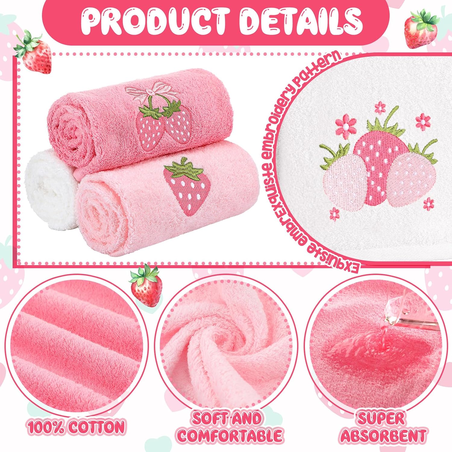 3 Pcs Strawberry Hand Towels 14x29 Inch Spring Summer Bathroom Decor Farmhouse Pink Strawberry Cotton Embroidered Soft Absorbent Bathroom Decor Towels for Kitchen - Image 3