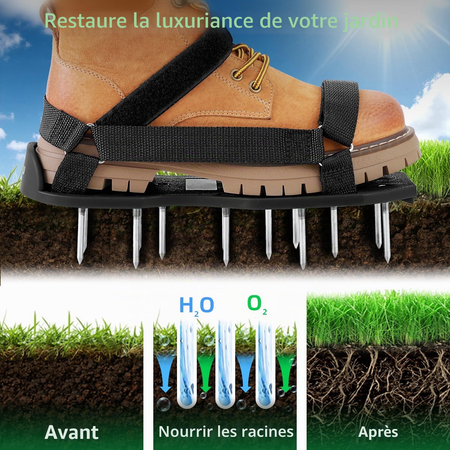 Ohuhu Sandales Aérateur Pelouse Installation Gratuite, Aérateur de pelouse avec Pelle en Acier Inoxydable, Chaussure à Gazon Chaussures à Ongles Scarificateur Gazon Chaussures pour Gazon, Noir