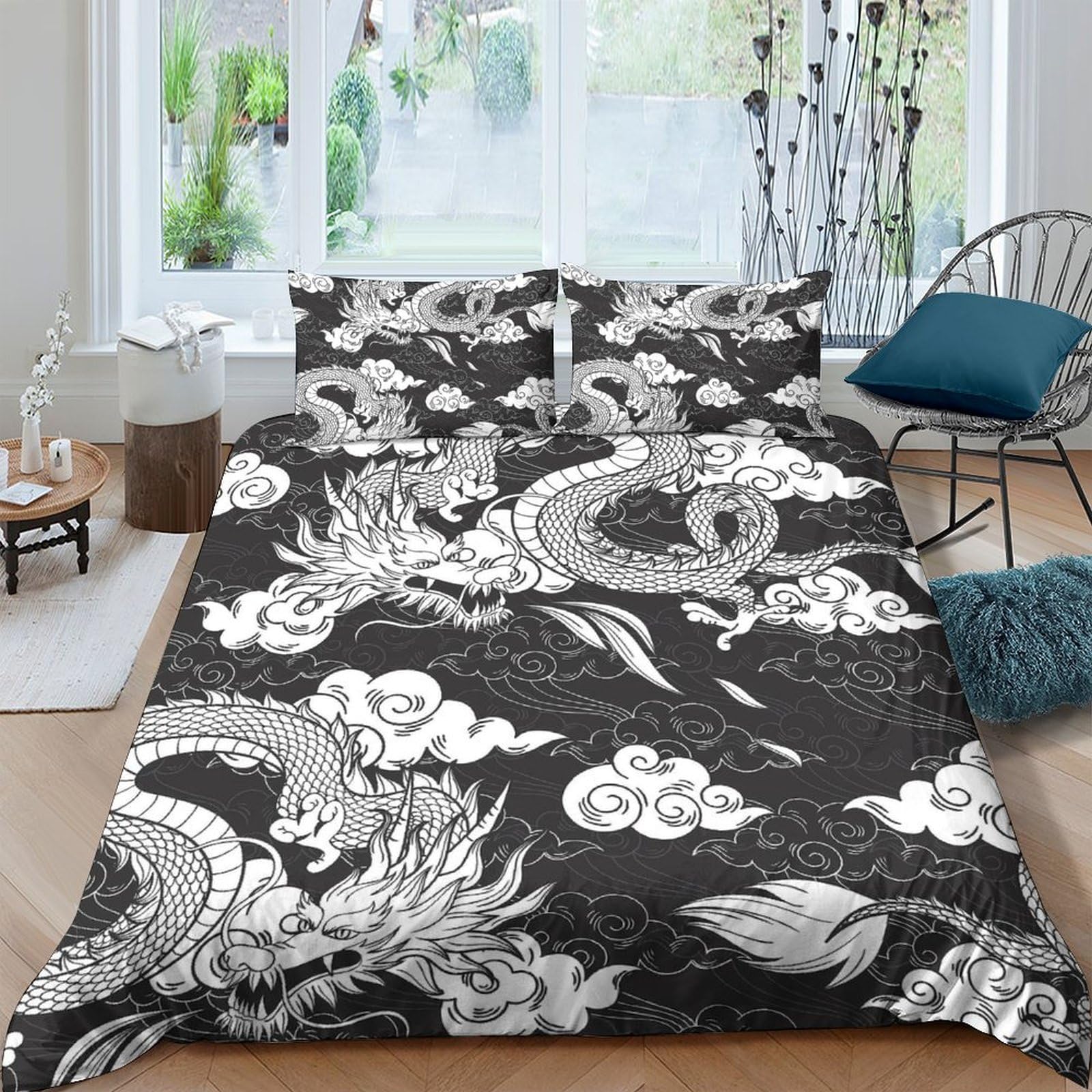 Ctjqhvkz Style-4 3D Printed Black Dragon Fitted Sheet Microfiber Soft Asian Cloud Bed Cover Bedroom Dorm Decor Mattress Protection Single（135X200cm）