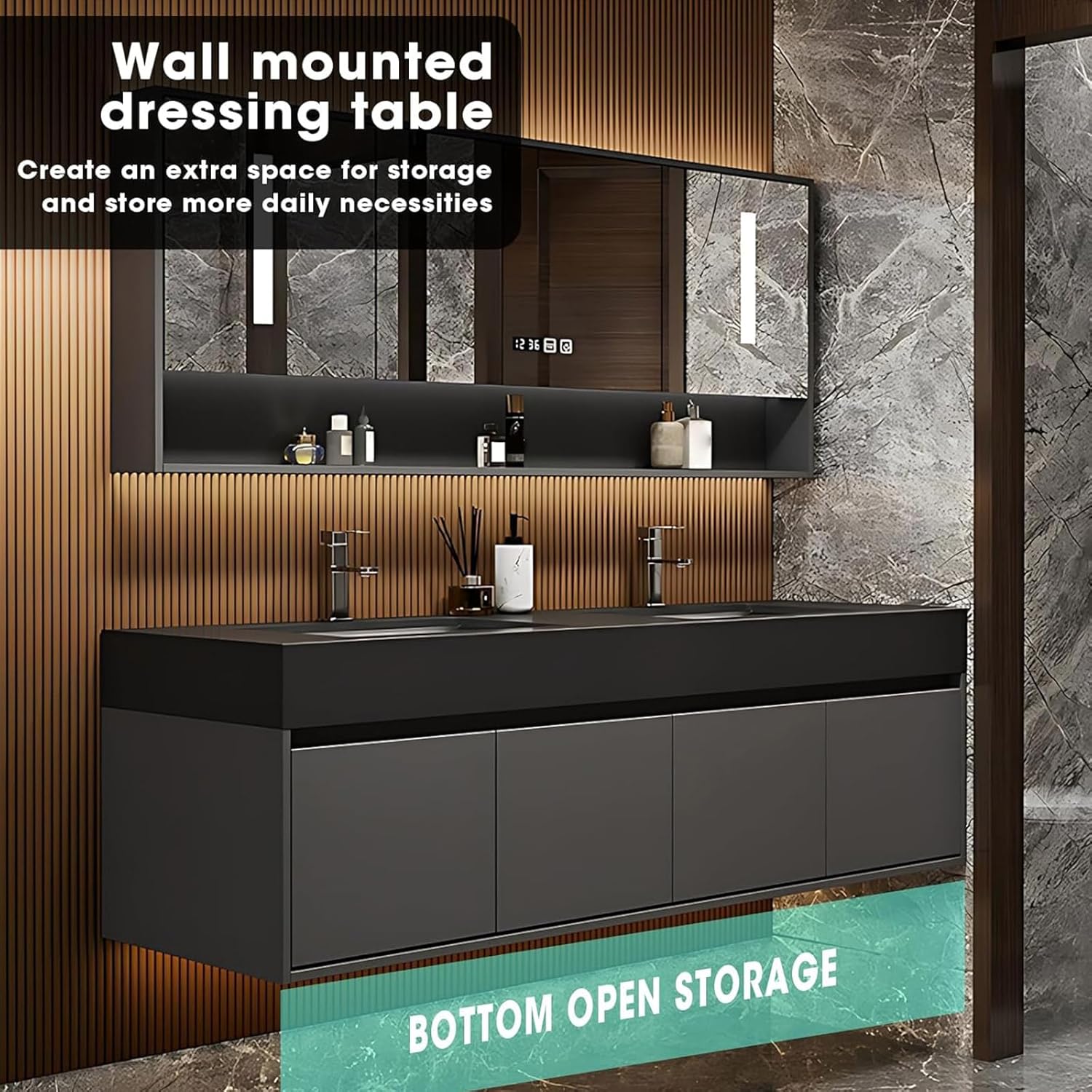 Double Bathroom Vanity with Sink - Solid Wood Double Basin Floating Bathroom Vanities Set, Thick Slate Top and Glazed Ceramic Basin, Wall Mounted Bathroom Cabinet with LED Smart Mirror (72IN)