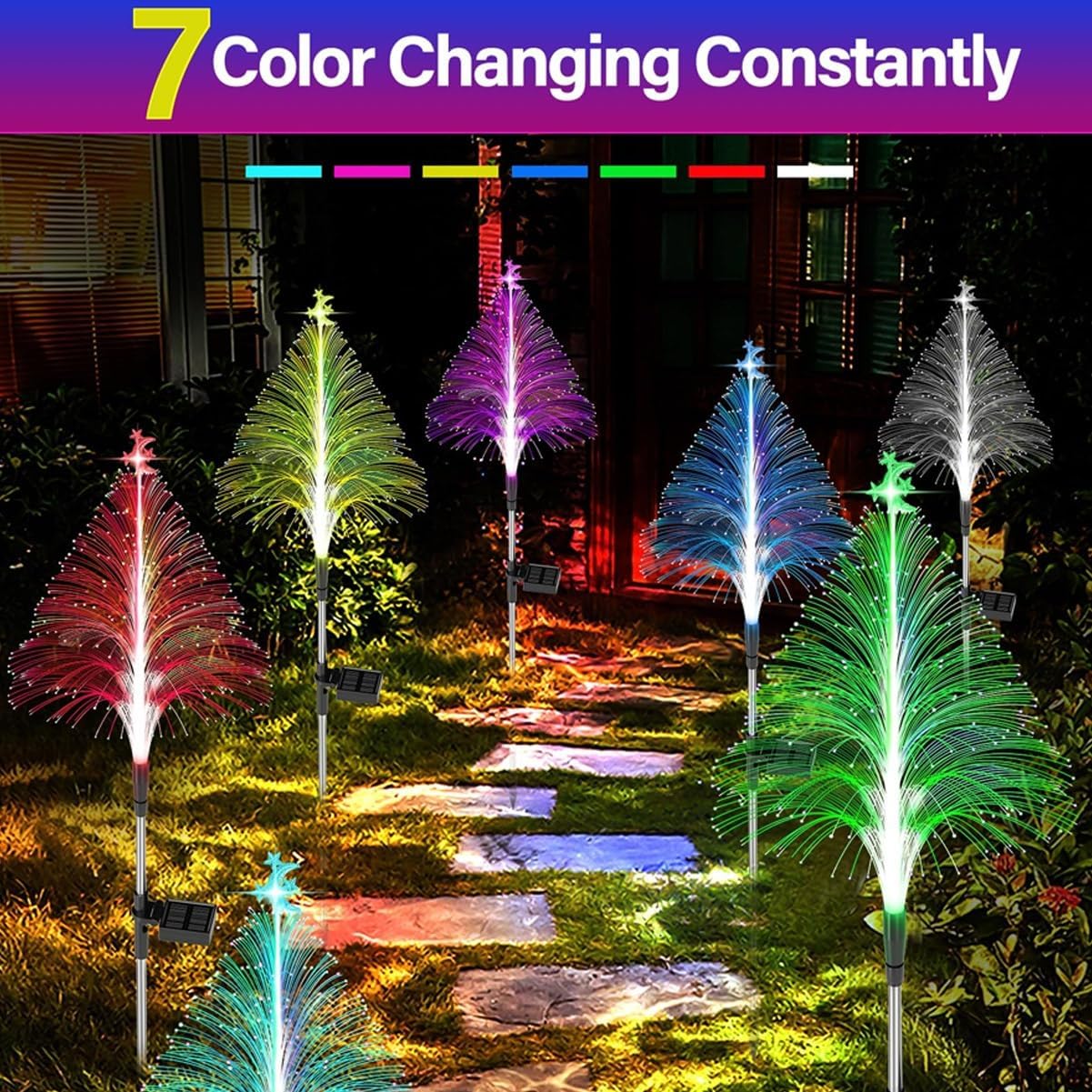 7 Color Changing Solar Christmas Trees Lights, Seven Colors Gradient Outdoor Waterproof Light with Star and Moon Decorations, Optical Fiber Lights for Outdoor Xmas Yard Garden Pathway Decor(3pcs)