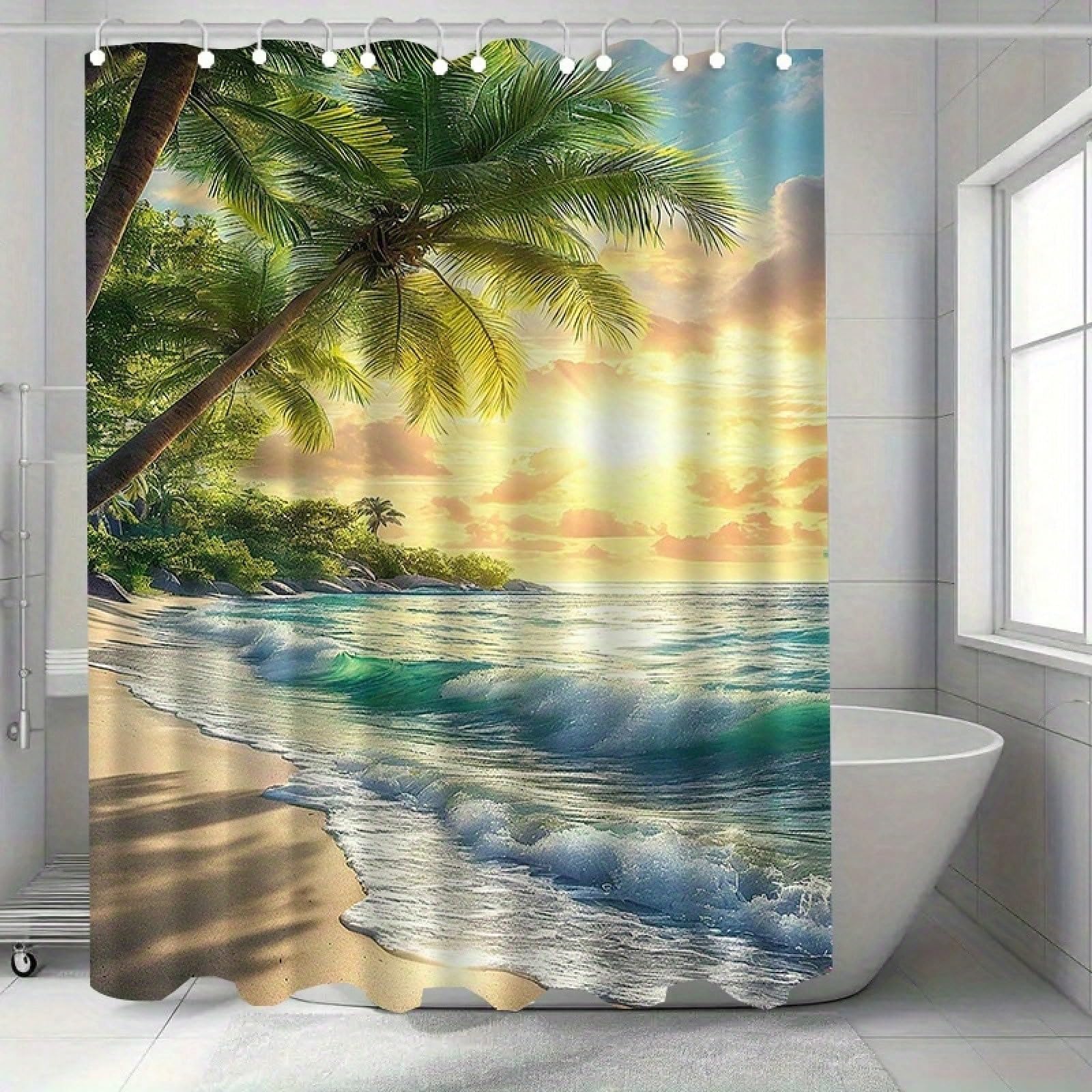 GLKSDLPO Tropical Beach Shower Curtain, 3D Art Printing Bathtub Curtain Palm Tree Ocean Sunset Bathroom Decor(153x239cm/60x94in(WxH)