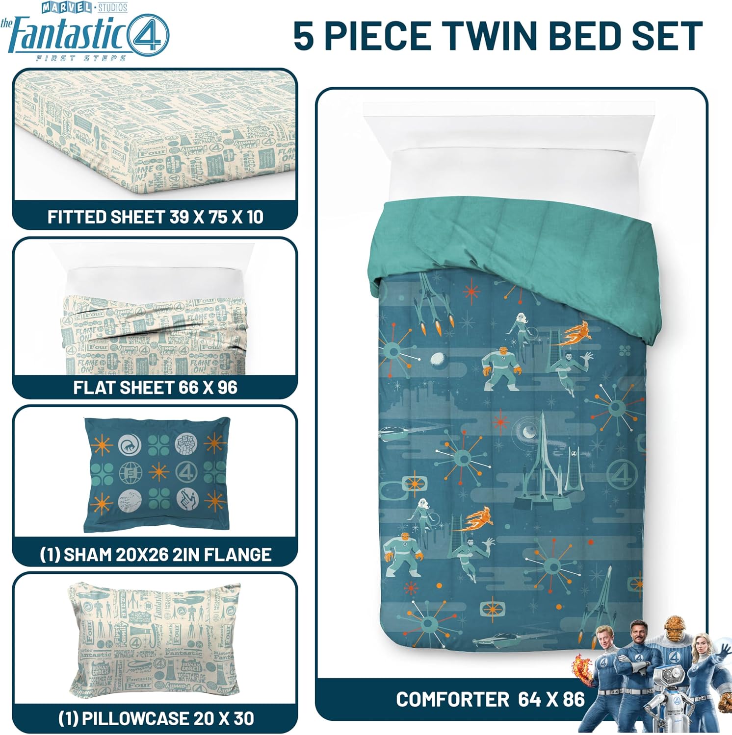 Jay Franco Comforter Set Includes Sheets and Pillow Covers - Soft and Cozy Bed Set for Stylish Room Decor, Blue - The Fantastic Four, 5 Piece Twin Size Bedding
