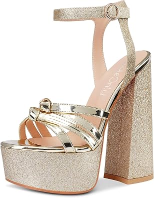 NobleOnly Womens High Heels Platform Ankle Strap Fashion Bling Sandals Open Toe Basic Office Sandal 6" Chunky Heel Shoes