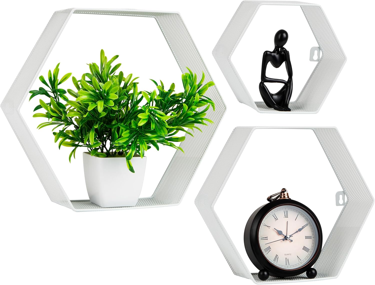 Mind Reader Hexagon Floating Shelves, Wall Decor, Honeycomb Accent Shelf, Office, Metal Mesh, 14" L x 4" W x 12" H, Set of 3, White