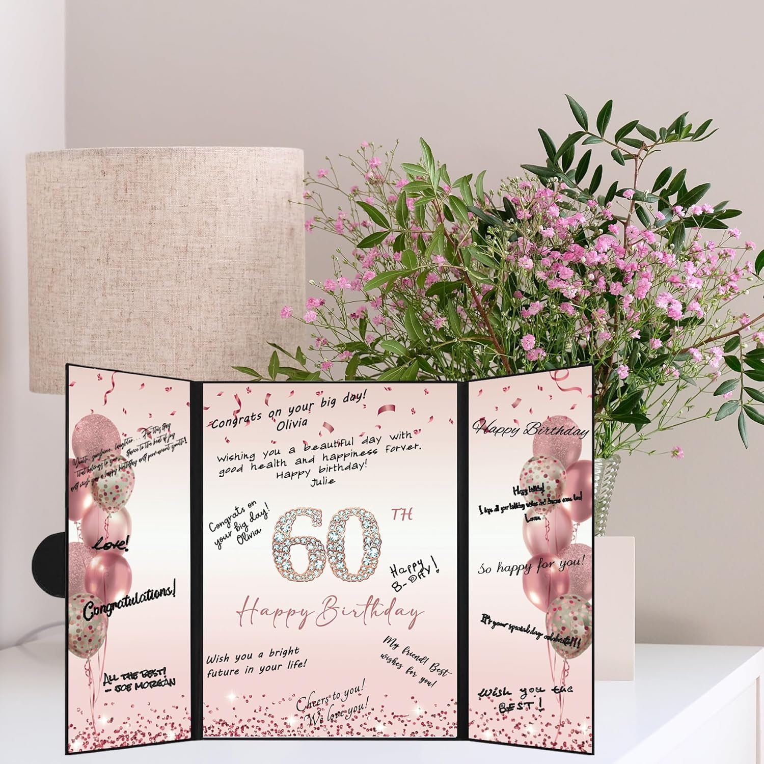 DARUNAXY Rose Gold 60th Birthday Party Decorations for Women, Happy 60th Birthday Alternative Signature Guest Book Black Pink 60 Birthday Signing Card Board Party Supplies Cheers to 60 Years Old Gift - Image 5