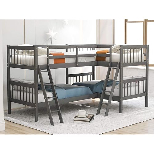 Harper & Bright Designs L-Shaped Bunk Bed Twin Over Twin, Quad Bunk Bed with Guardrail and 2 Angle Ladder, Wood Corner Bunk Beds for 4 Kids, Teens, Adults, No Box Spring Needed (Grey)