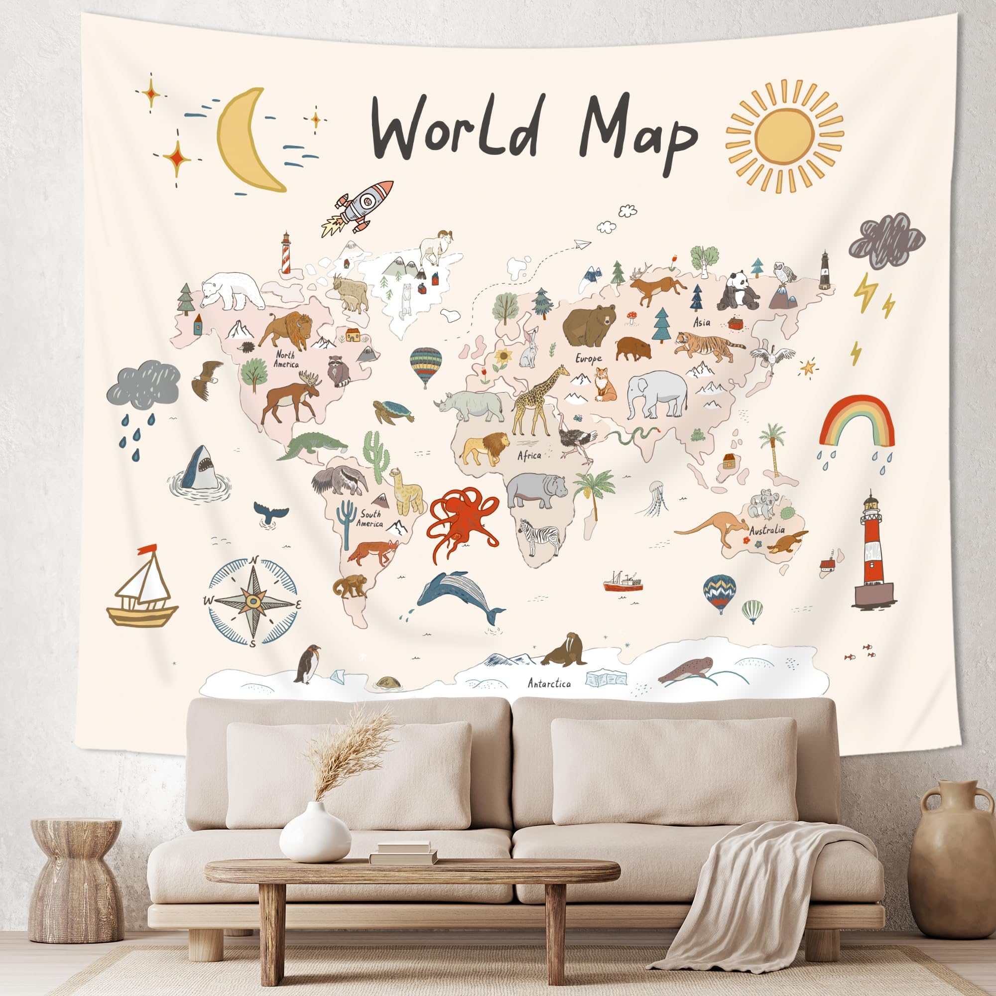 Imirell Kids World Map Tapestry 59Wx51H | Cute Cartoon Educational Learning Tool Adventure Nursery Wall Art Bedroom Living Room Dorm Decor Fabric
