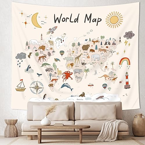 Imirell Tapiz de mapa del mundo para niños, 59 pulgadas de ancho x 51 pulgadas de alto, lindo animal de dibujos animados, herramienta de aprendizaje