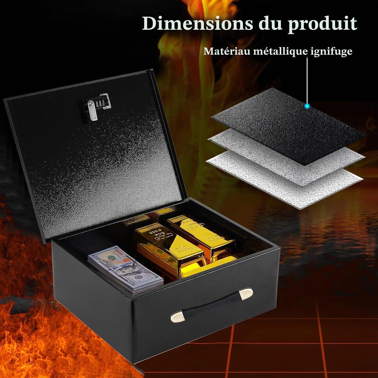 Boîte à documents ignifuge avec serrure à clé et poignée,coffre fort anti feu,coffre de sécurité portable en métal résistant au feu, étanche, pour argent, médicaments, documents A4