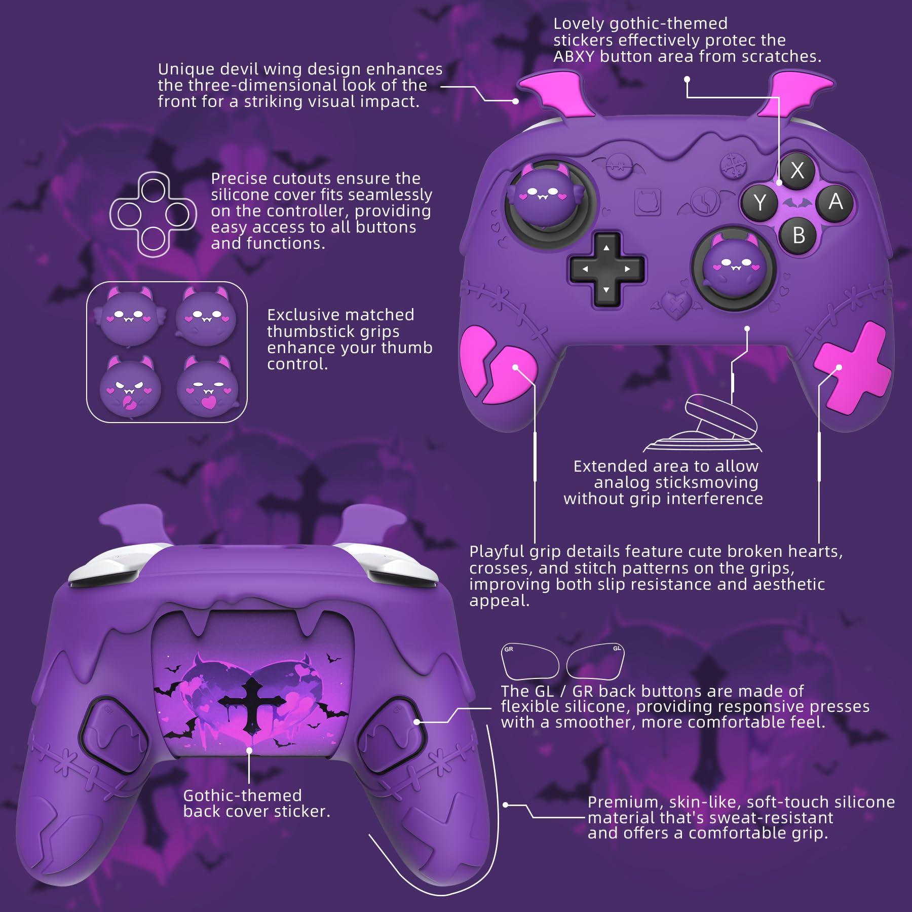 playvital Hülle für Nintendo Switch 2 Pro Controller, DUNKLE ÄSTHETIK Case Schutzhülle mit Anti-Rutsch Textur für Switch 2 Pro für Besseren Halt, mit Aufklebern & Sticks-/Rücktasten-Kappen, Lila