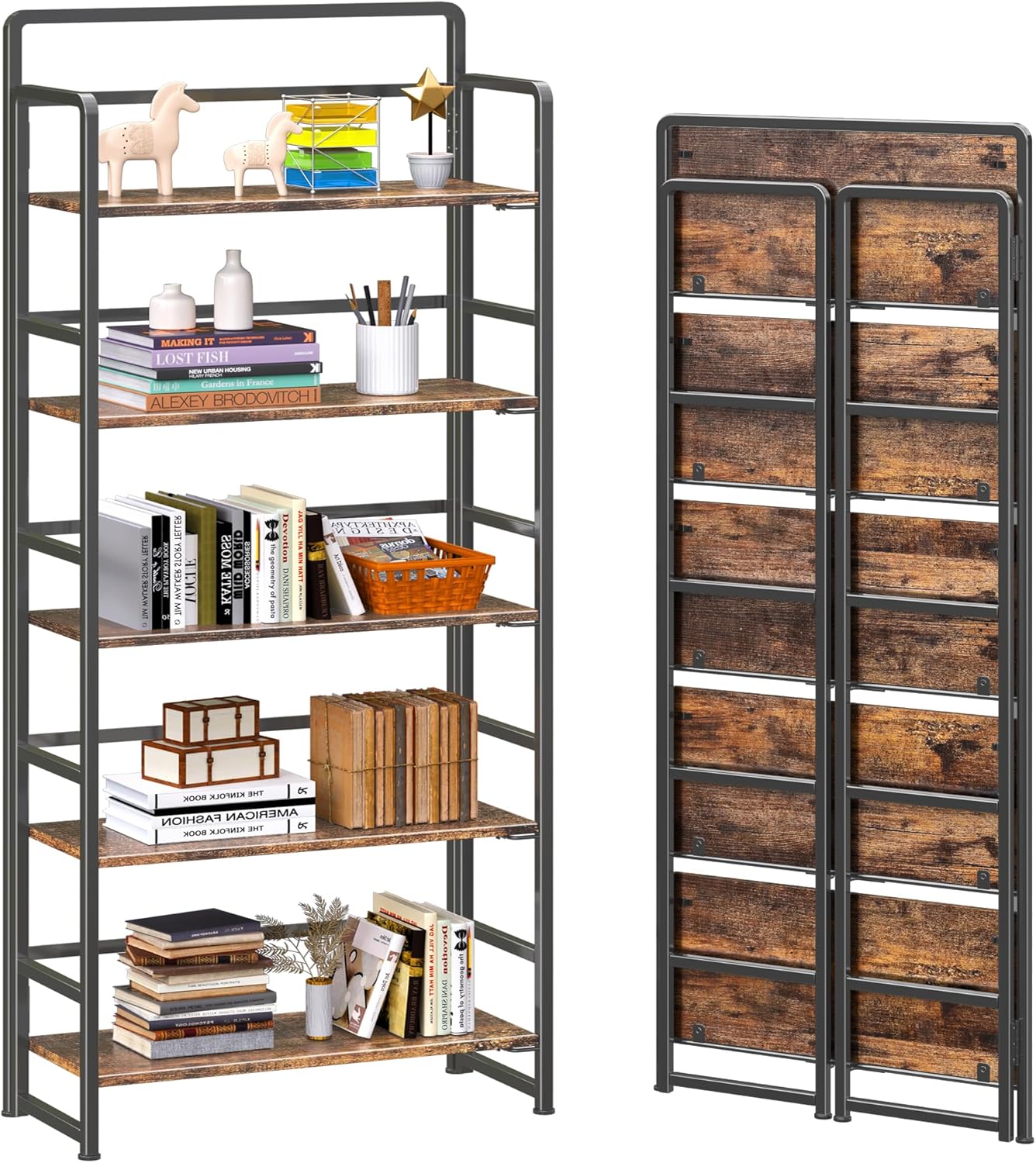 4NM No Assembly 5 Tiers Folding Bookshelf Storage Shelves Vintage Bookcase Standing Racks Study Organizer Home Office (Rustic Brown Black)