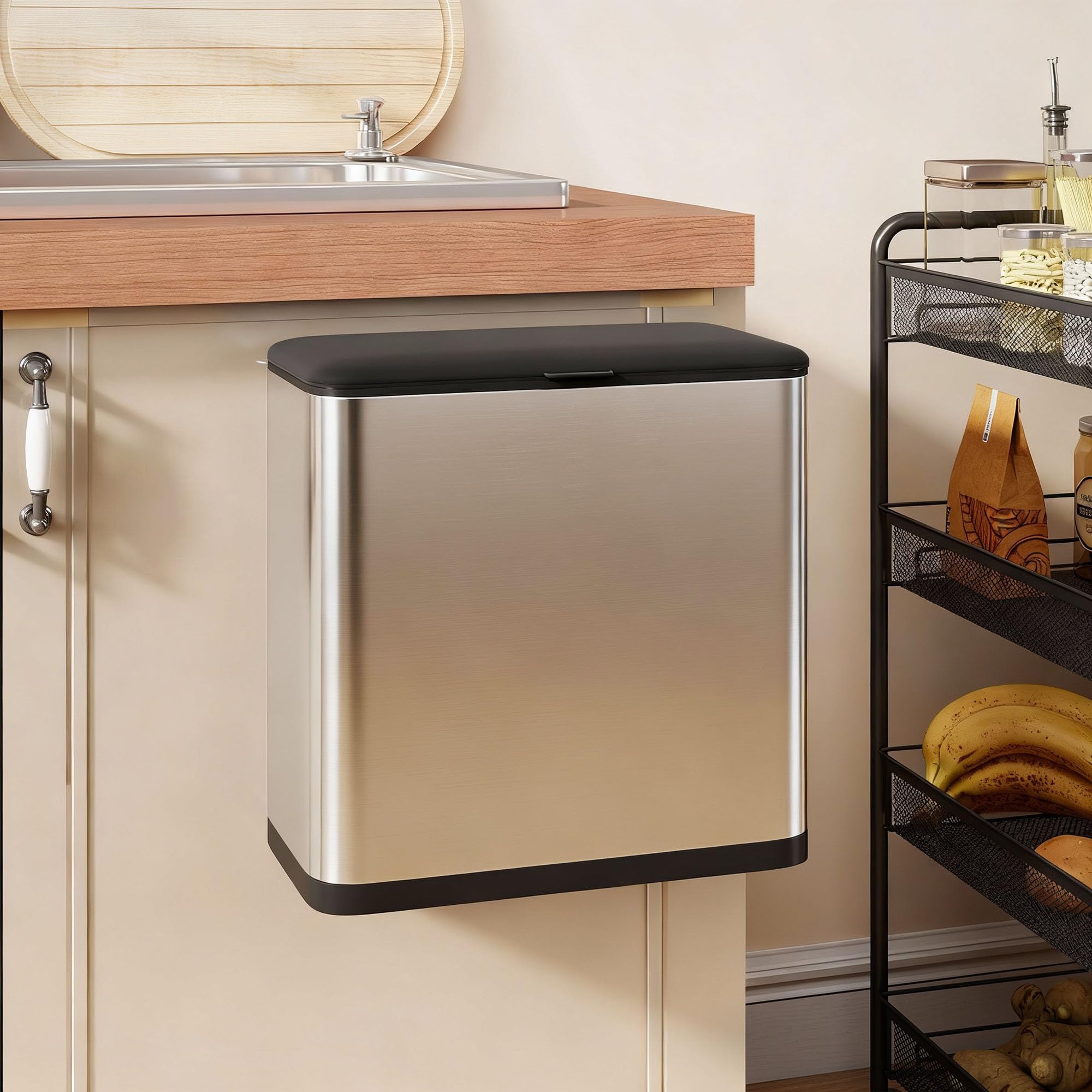 HOMCOM 8L Hanging Kitchen Bin, Stainless Steel Rubbish bin with Press-to-Open Lid, Removable Inner Bucket for Kitchen Cabinet Door, Under Sink, Bedroom, Office, Silver Tone