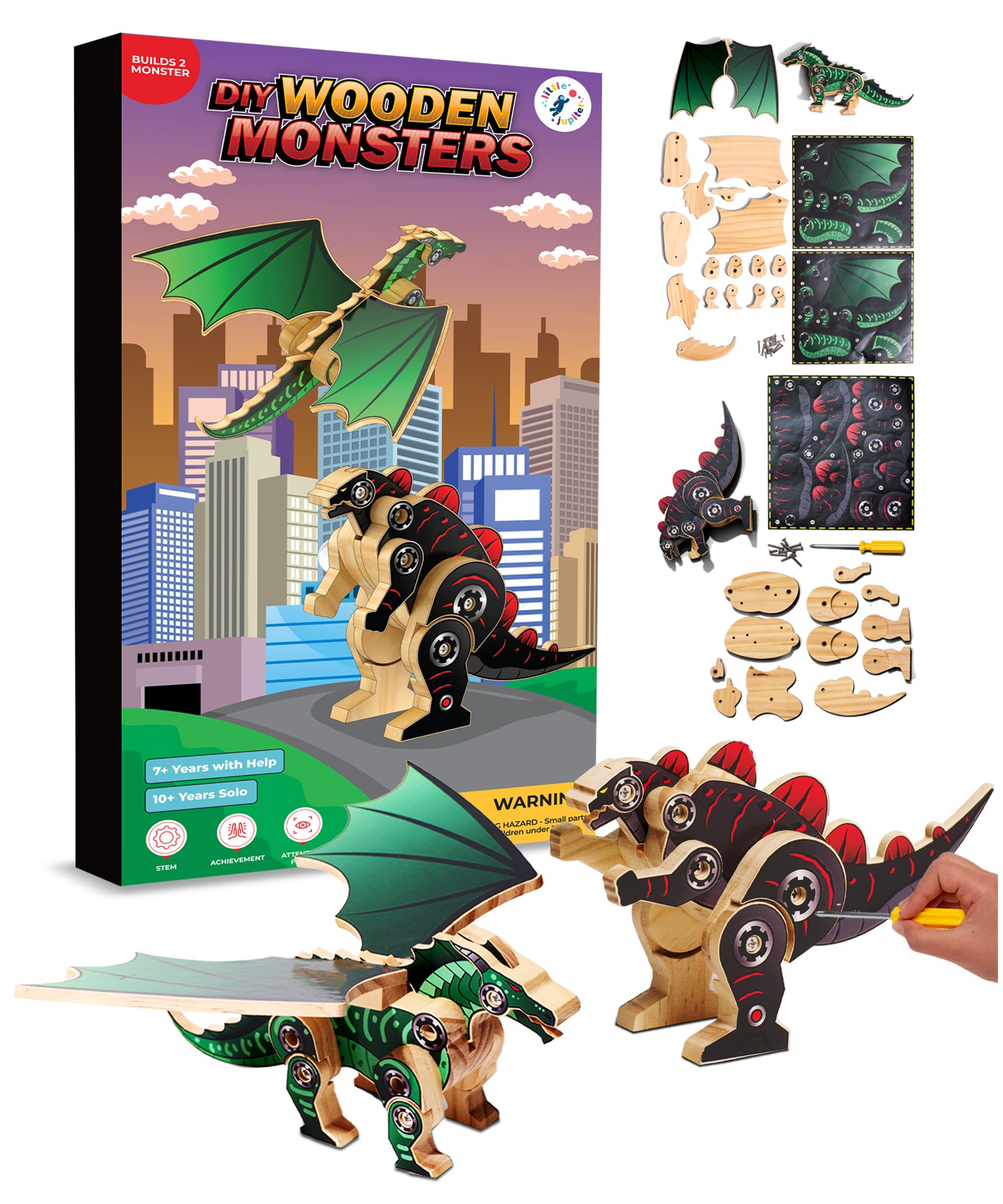 Little Jupiter DIY Wooden Kit with Stickers - 2 in 1 Monster Series - Japanese Monster for 7-12 Yrs - Woodworking Kits - Wood Crafts - Kids Building Kit - Wooden Crafts (Type 1 & 2)