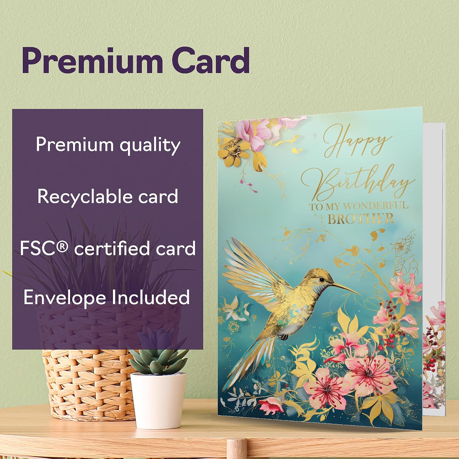 Beautiful Gold Birthday Cards for Brother - Wonderful Golden Hummingbird - Elegant Traditional Pretty Birthday Card for Brother from Sister, 5x7 Inch Sibling Gorgeous Greeting Cards Gift
