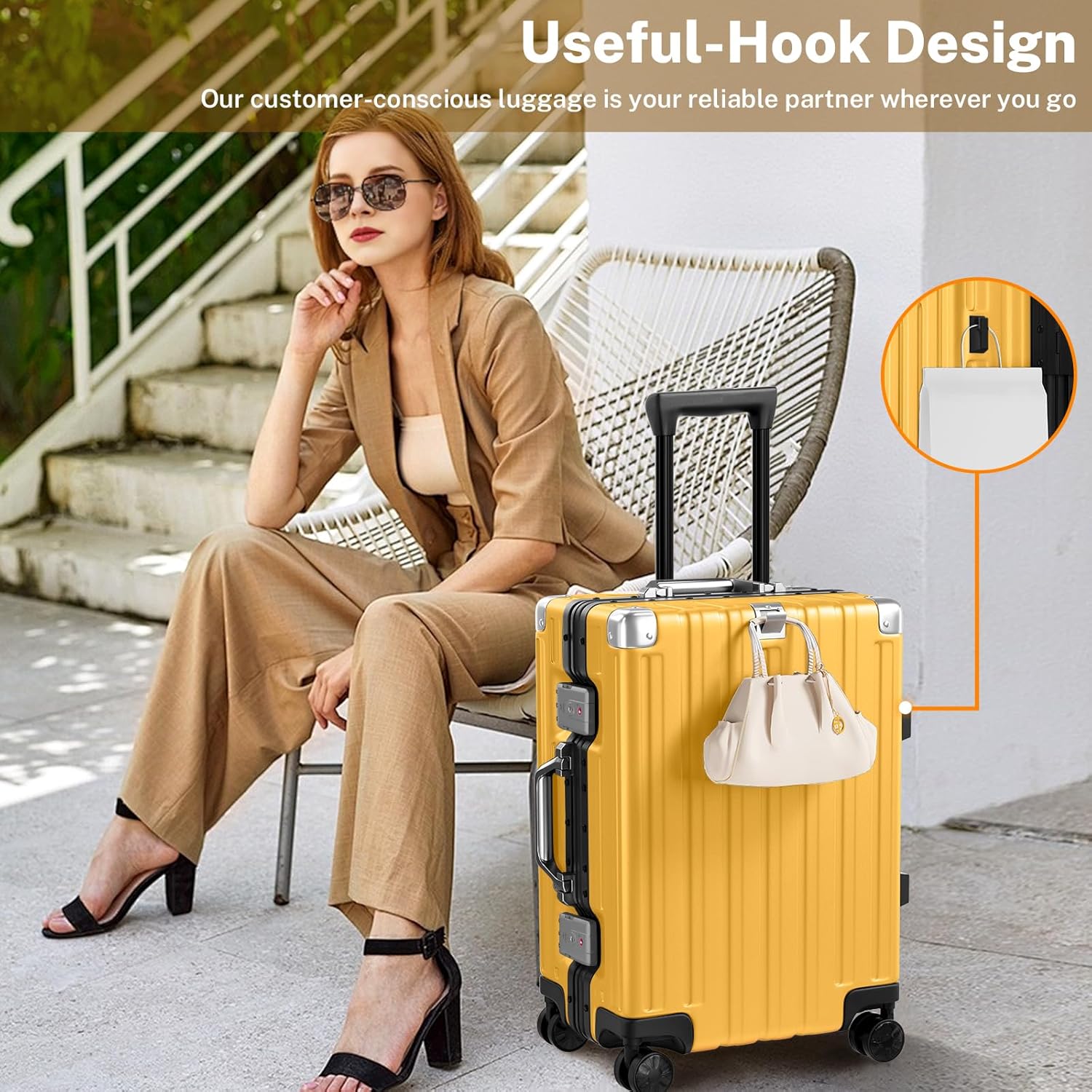 Krute Carry On Luggage 20 inch Aluminum Frame Luggage with Spinner Wheels Hardshell No Zipper PC+ABS TSA Lock Zipperless Suitcases Yellow