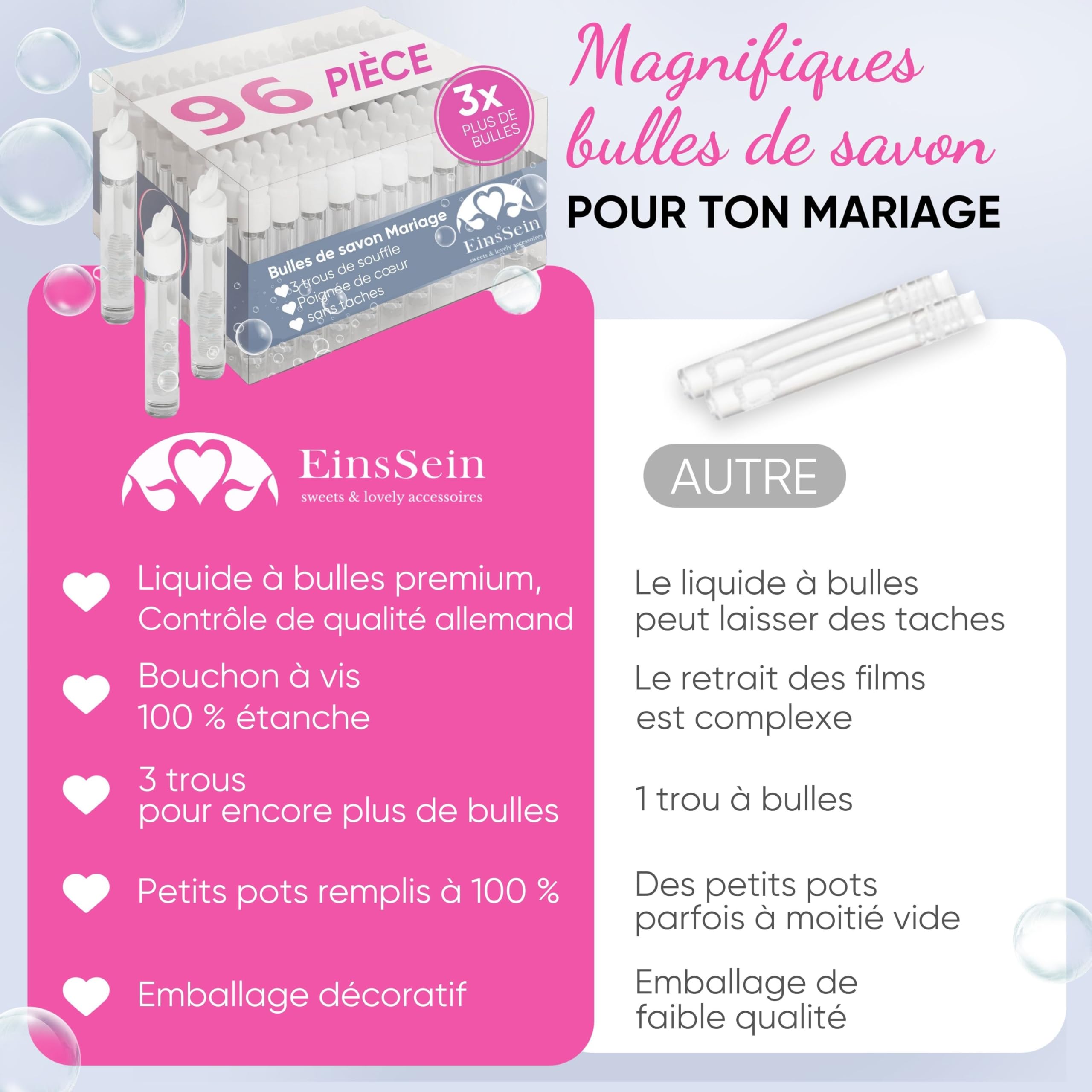 EinsSein 96x Bulles de savon mariage bocaux d'amour Box blanc bulle pour flacon deco coeur champêtre enfant anniversaire cadeau invites confirmation anniversaire transparente plastique tube à de table