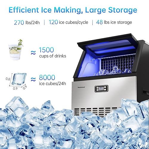 Miniatura 2 de RESTISLAND Máquina comercial para hacer hielo, 270 libras24 horas, contenedor de almacenamiento de 48 libras, acero inoxidable, luz azul,