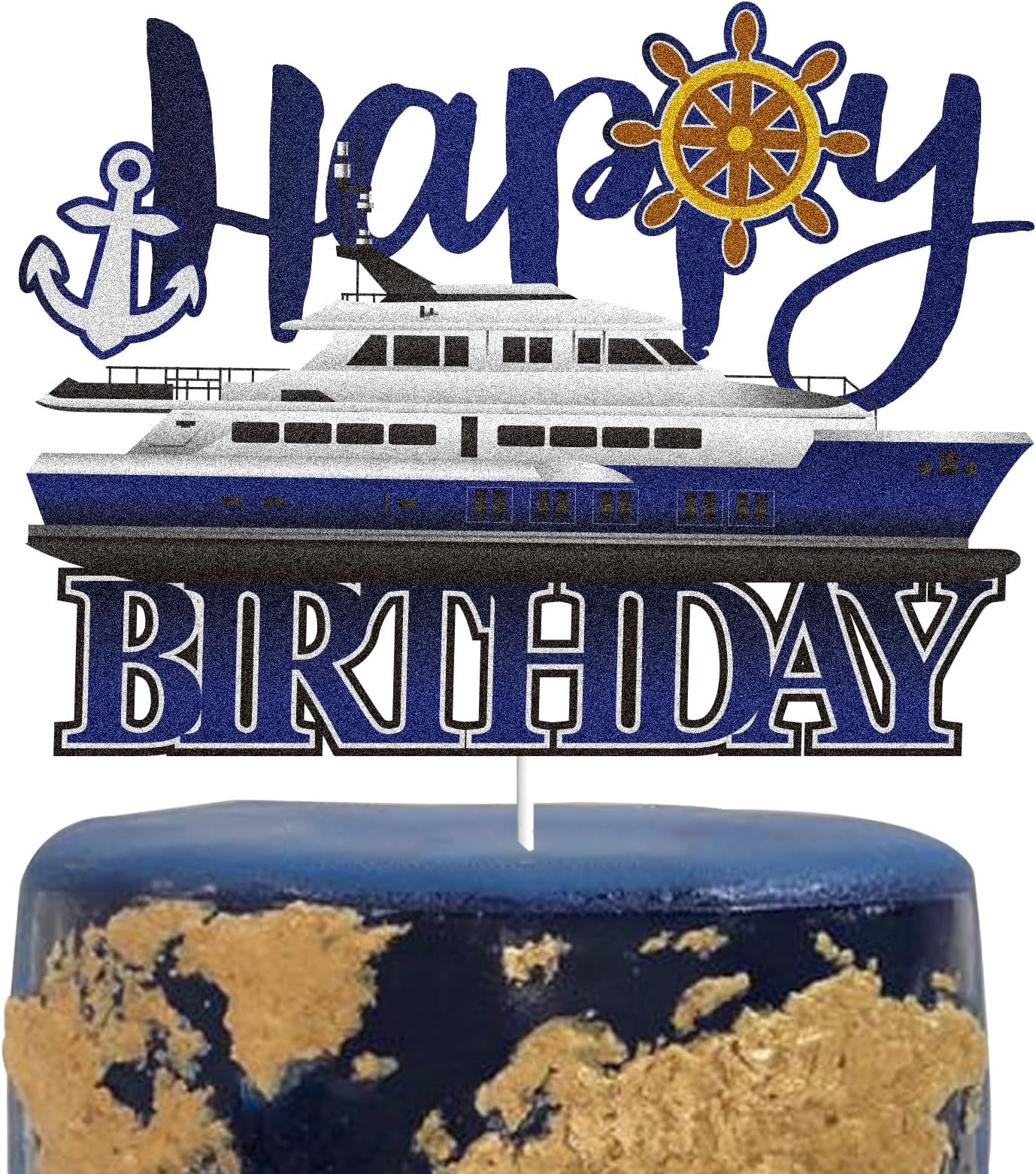Yacht Nautical Happy Birthday Cake Topper Blue Glitter Yacht Ship Anchor Cake Decoration Ocean Steamship Boat Yachting Birthday Theme Party Supplies