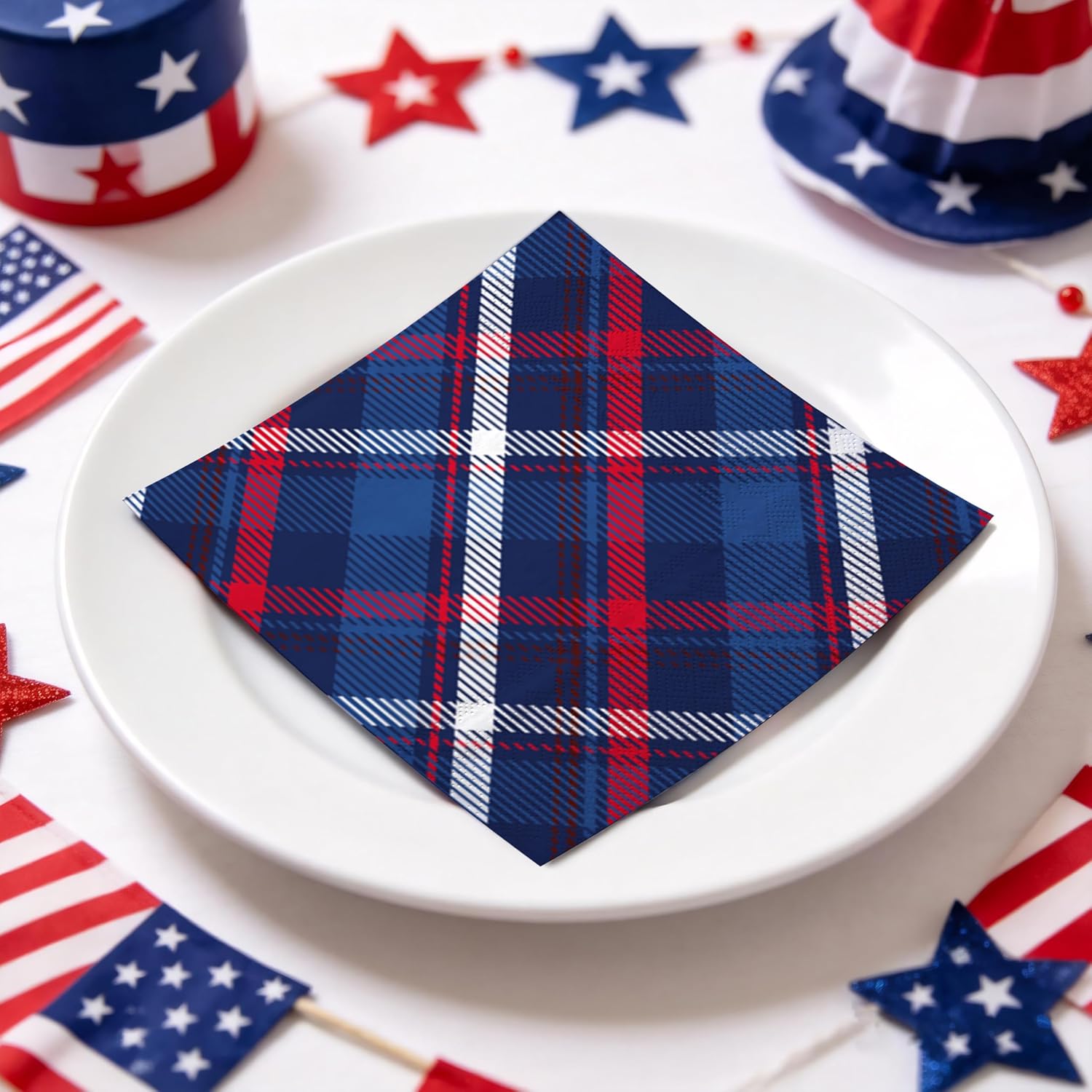 LeZakaa 50Pcs Independence Day Paper Napkins, Red Blue Plaid Patriotic Cocktail Beverage Napkins, 3-Ply Disposable Party Table Napkins, 5 x 5 Inch Folded
