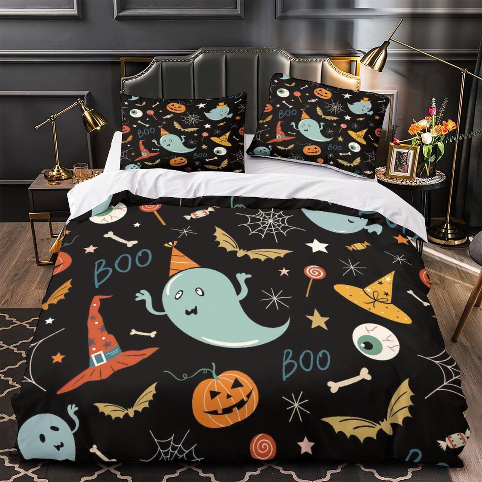 Halloween Decor Quilt Cover 3D Print All Season 3PCs Bed Linen Hidden Zipper Cartoon Spooky Duvet Cover Ultra Soft Anti-allergic for Adults Teens Women Kids Girls Boys Youth Double（200x200cm）