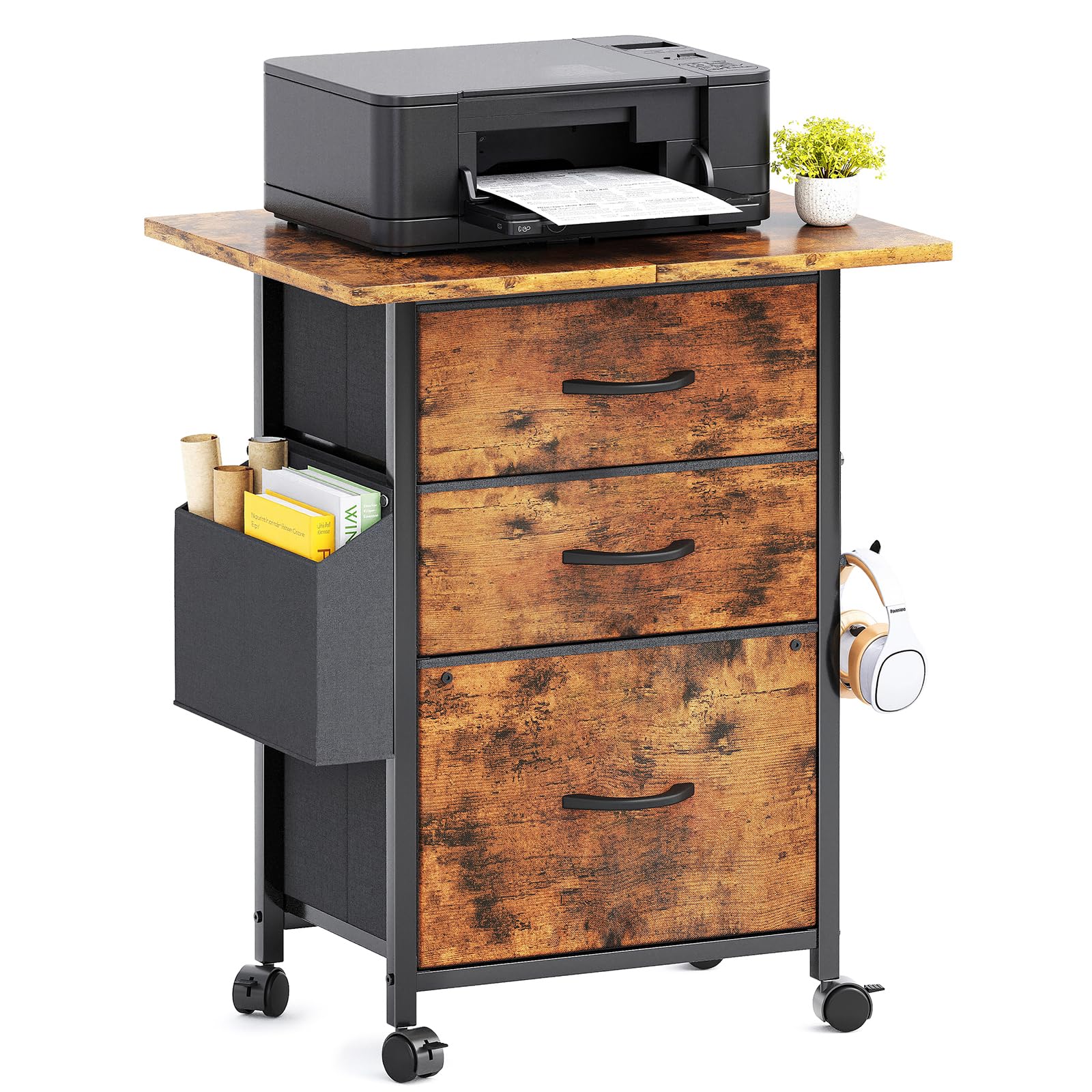 CAIYUN Filing Cabinet with 3 Fabric Drawers, Mobile File Cabinet on Wheels & Adjustable Feet, Rolling Under Desk Cabinet, Printer Stand for Home Office, Rustic Brown — image 1