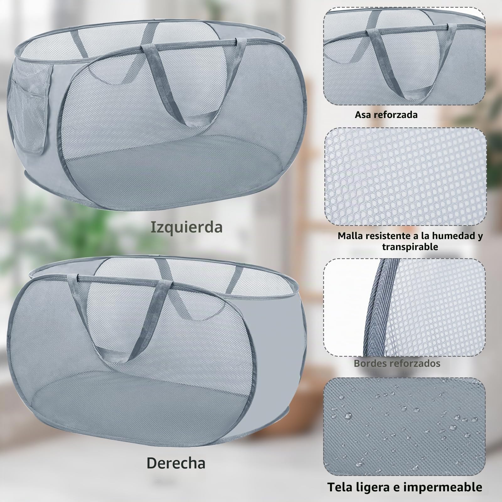 2 cestas plegables para la colada, 36 x 36 x 58 cm, con asa, cesta de malla portátil, plegable, para baño, dormitorio, viajes, etc
