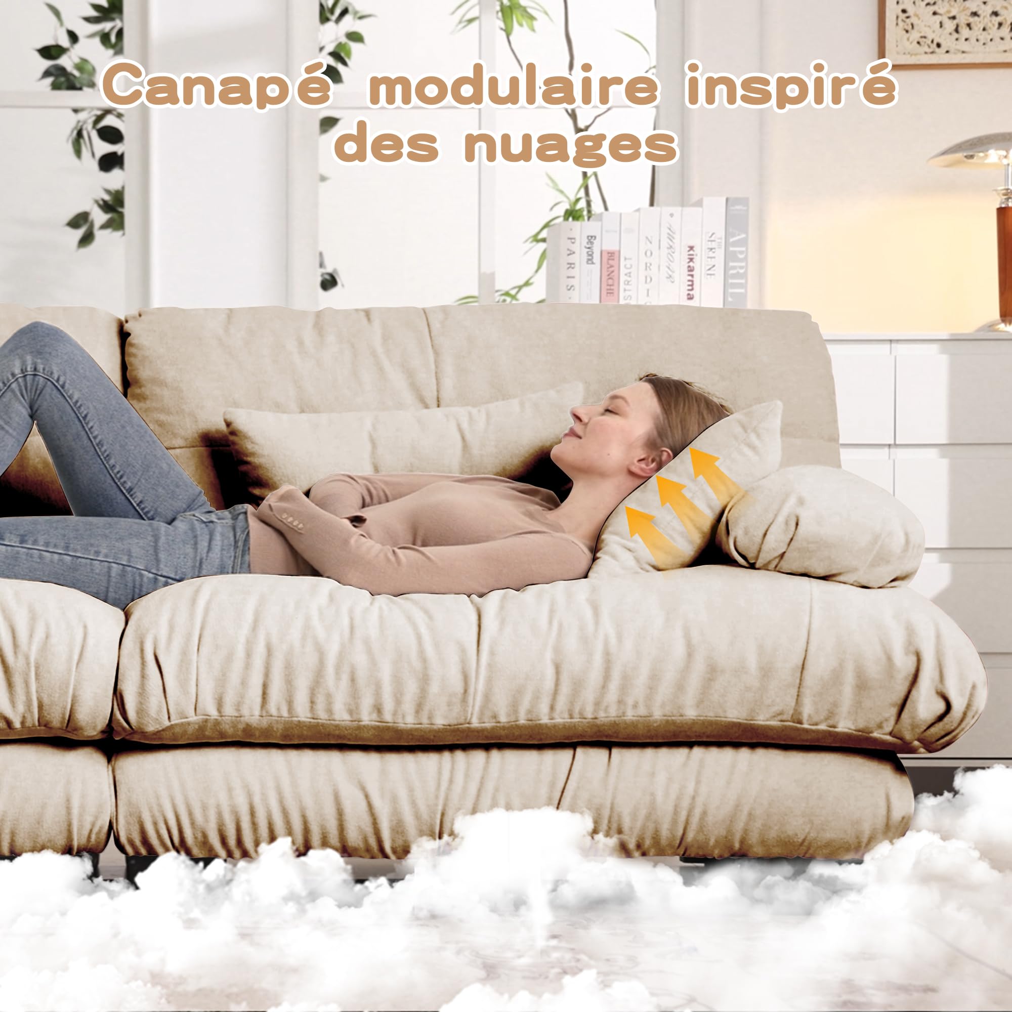 Yihomfy Canapé Modulable Moderne Cloud avec pouf,Canapé D'angle 2/3/4/5 Places en Chenille avec Assise Profonde et Coussins,Idéal Pour le Salon,La Chambre ou un Appartement (Beige, 3 Places + 2 Poufs)