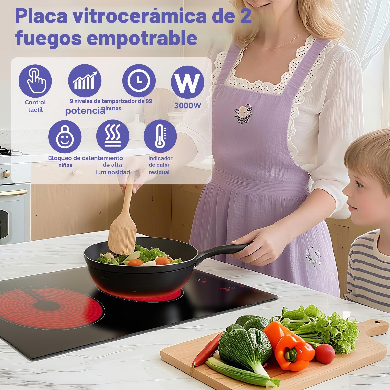 Placa Vitrocerámica 2 fuegos STARCHARTS, 52x29cm 3000W, placa de cocción eléctrica con control táctil, 9 niveles de potencia, temporizador 99 min, bloqueo para niños