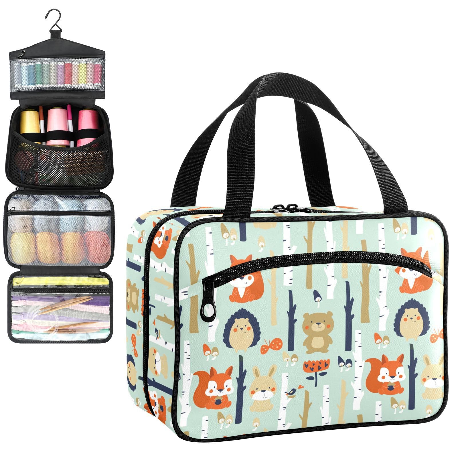 YNNALE Sewing Supply Organizer Bag, Cartoon Bear Fox Hedgehog Birch Forest Animal Portable Sewing Bags with Pockets&Hanger, Sewing Storage Box Case for Sew Supplies/Kit/Tools/Accessories (BAG ONLY)