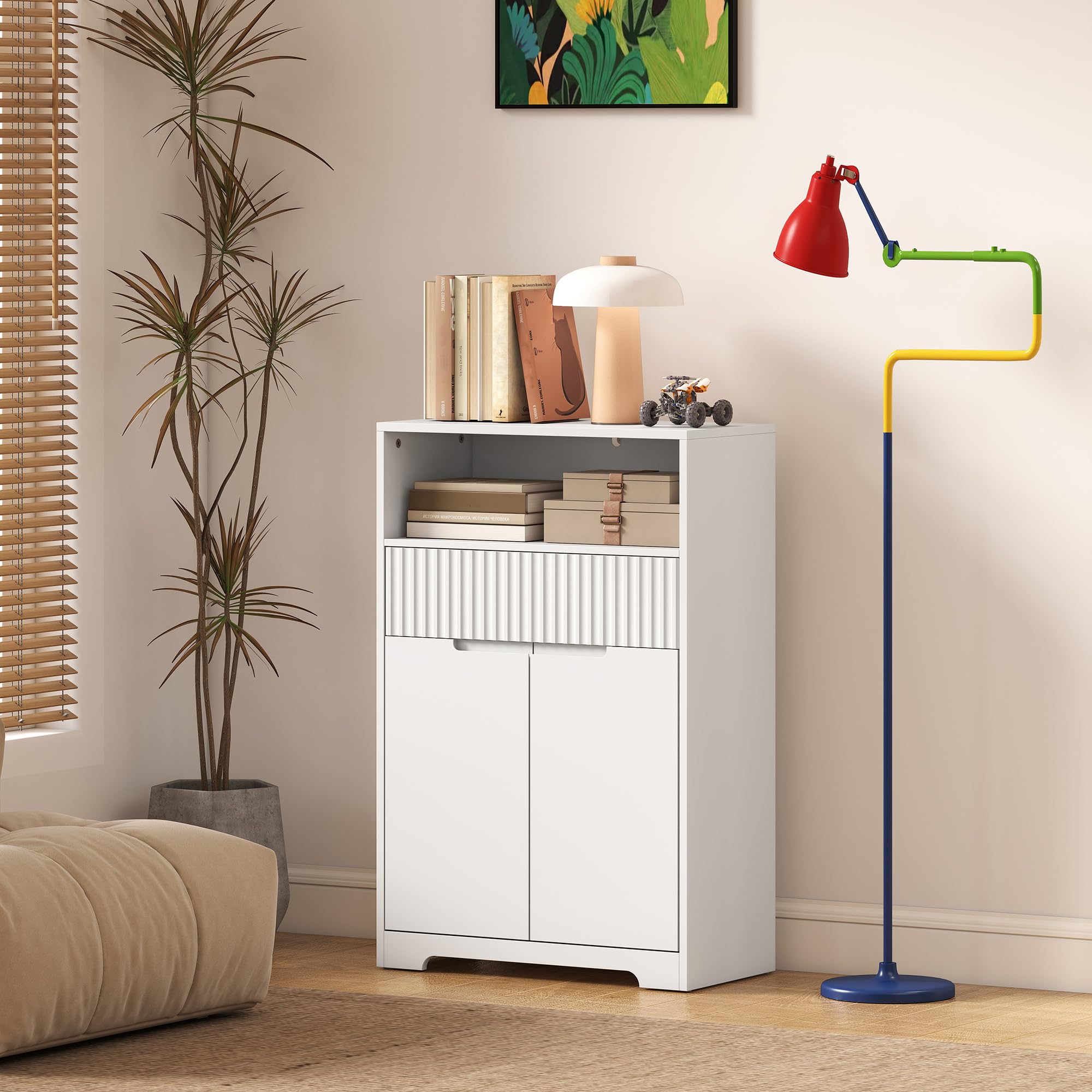 HOMCOM Armario de Baño Estrecho con Estante Ajustable 60x30x91,5 cm Blanco | Mueble de Baño, Cajón de Frontal Acanalado, Estante Abierto, 2 Puertas, Estilo Moderno