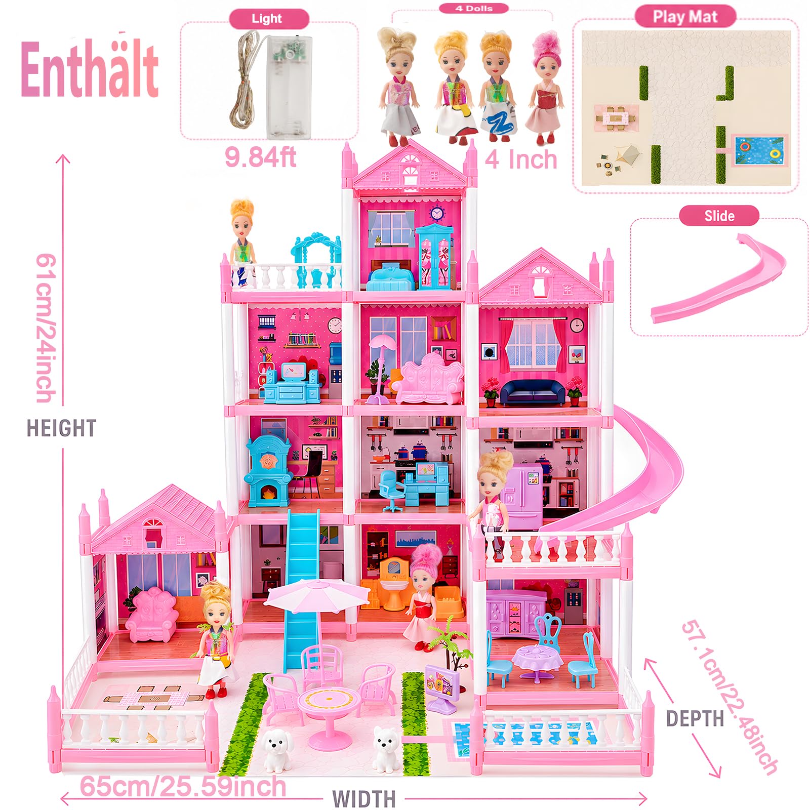 Großes Puppenhaus für Mädchen von 3–16 Jahren, 12 Zimmer, Puppenhaus mit Beleuchtung, Spielmatte, Puppen, Möbeln und umfangreichem Zubehör, Kinder