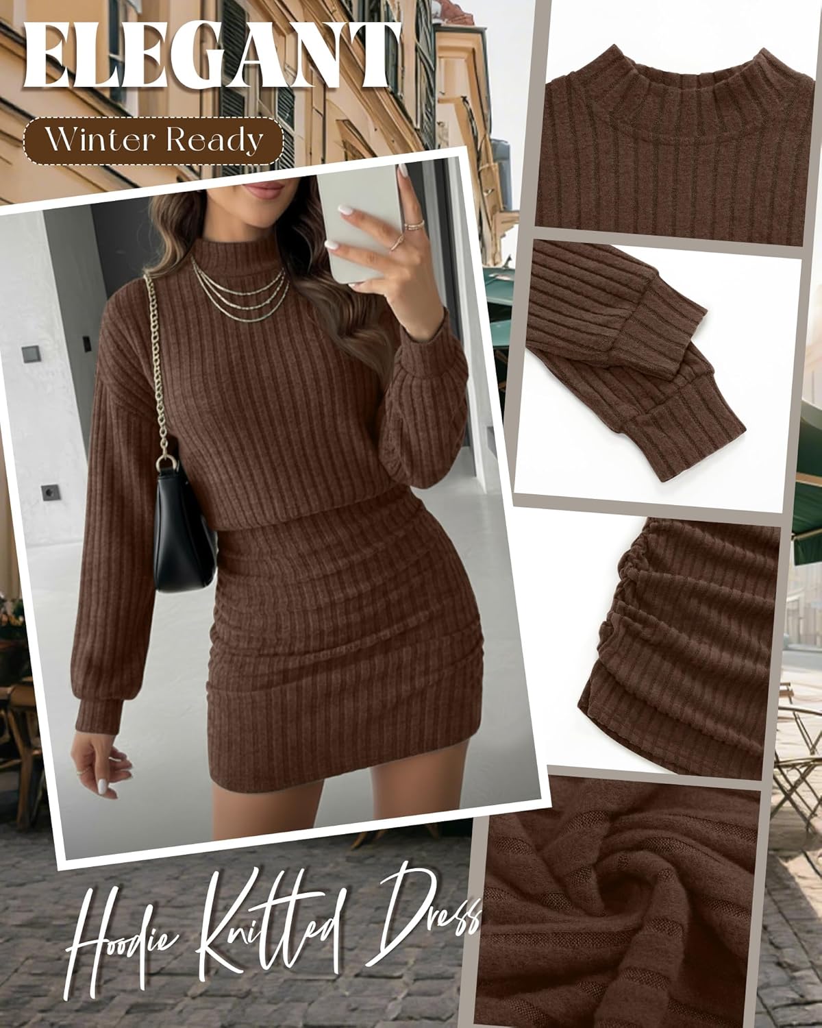 Women's Pullover Sweater Dress Long Lantern Sleeve Ribbed Knit Mock Neck Ruched Bodycon Casual Mini Dress 2025 - Image 5