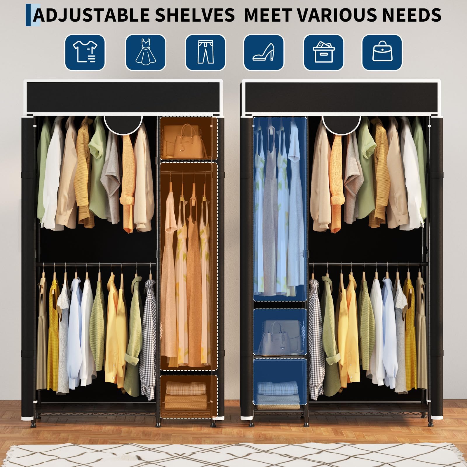 Aptliton Kleiderschrank, Stoffschrank Mit 2 Kleiderstangen, Faltbarer Garderobenschrank Aus Carbonstahl, Tragbarer Aufbewahrungsschrank Für Schlafzimmer Ankleidezimmer, 110 x 40 x 194 cm, Schwarz