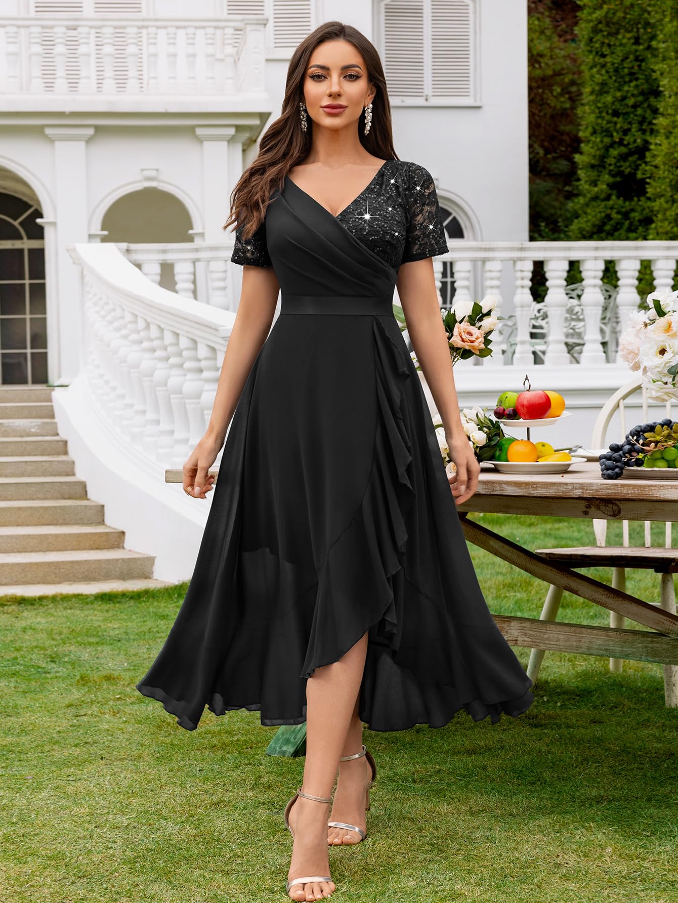 MIUSOL Abito da donna elegante con scollo a V, in chiffon, con paillettes, ideale per matrimoni, feste,