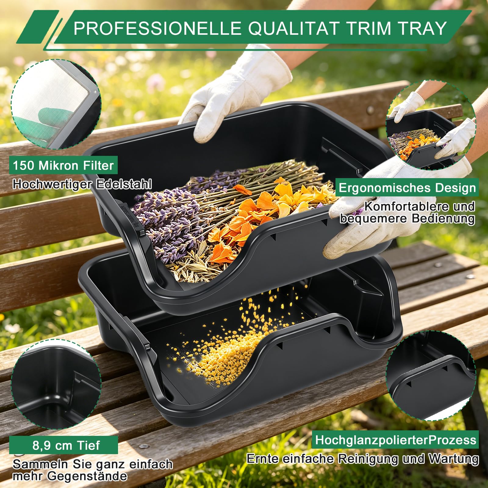 Premium Trim Bin Set, 150 Micron Pollensieb, TrimmSchale Trim Tray mit 2 Ergonomische Trim Tray, 4 Trimmscheren, Bürste, Lupe, Grow Zubehör zum Trockensieben und Sammeln