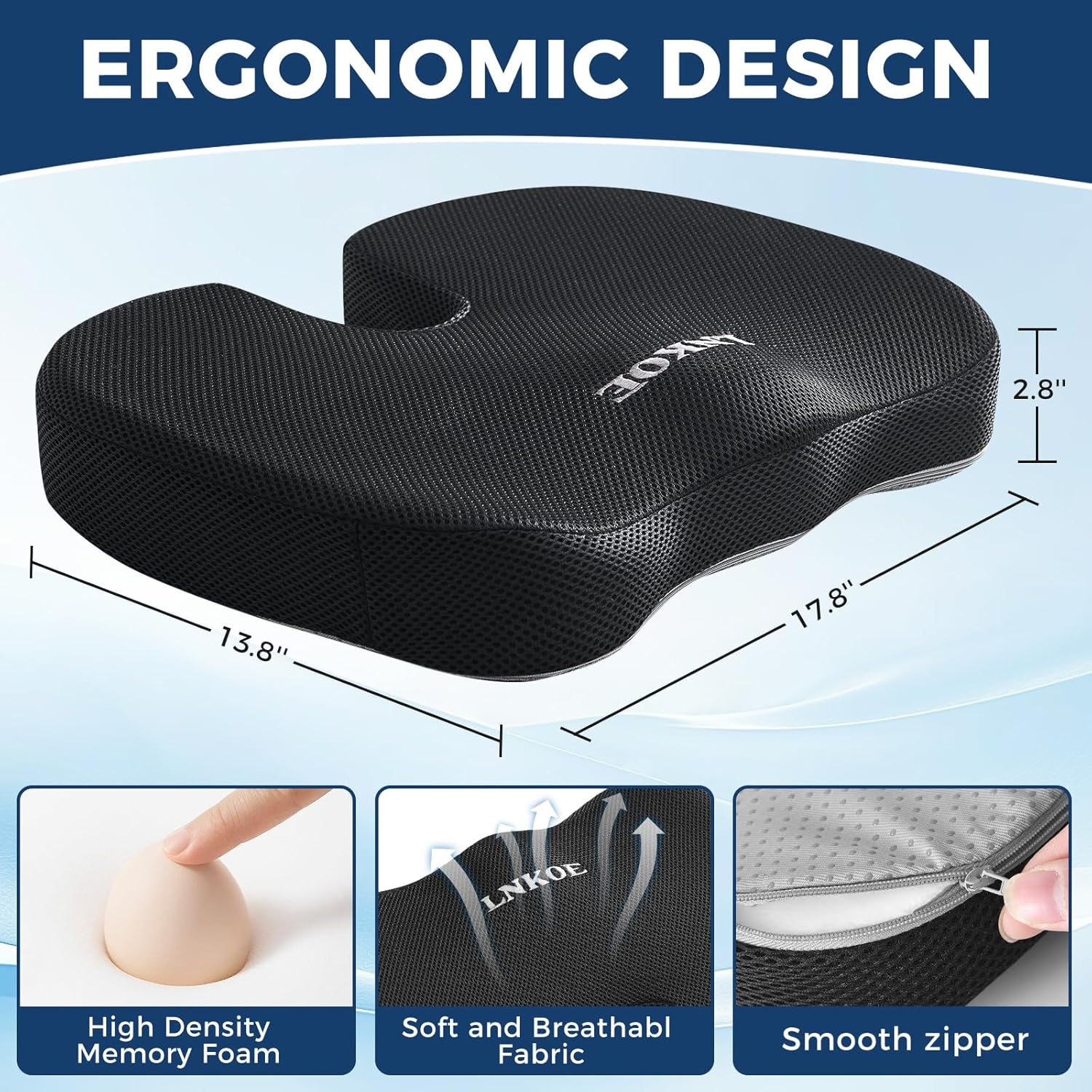 LNKOE Seat Cushion Memory Foam Cushion for Office Chair, Car Seat, Airplane, Bleacher - Sciatica & Hip & Coccyx Pain Relief Desk Chair Cushion for Long Sitting Office Workers, Car Drivers - Image 3