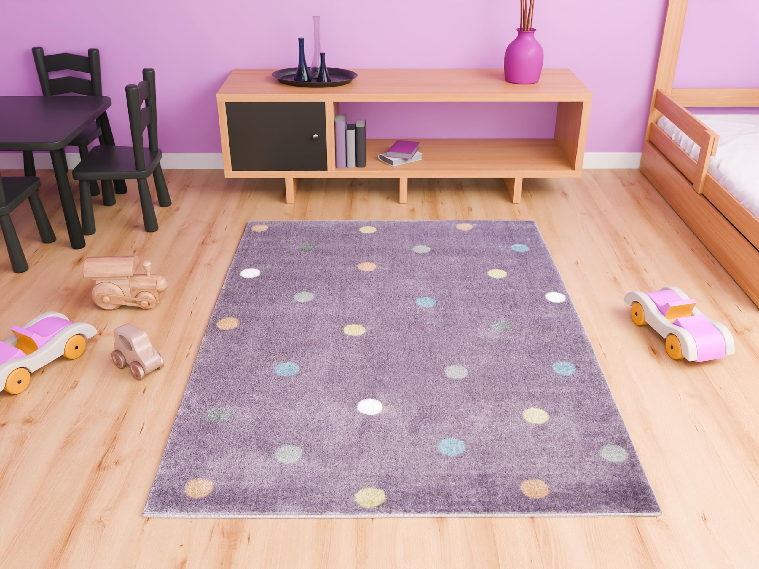 Lima rechteckig Kinder Teppich Lila 100x150 cm, Kinderzimmer Kurzflor Teppiche| Kinderteppich Mädchen| Kids Carpet |Spielteppich Kinder Babyzimmer Tepich |gepunktetes Muster |Wohnzimmer Teppich