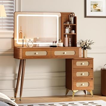 47Vintage Makeup Vanity with Mirror and Lights, Makeup Vanity Desk with 5 Drawers and Storage Shelf, Rattan Drawer Design, 3 Color Modes and Adjustable Brightness Dressing Table,Walnut