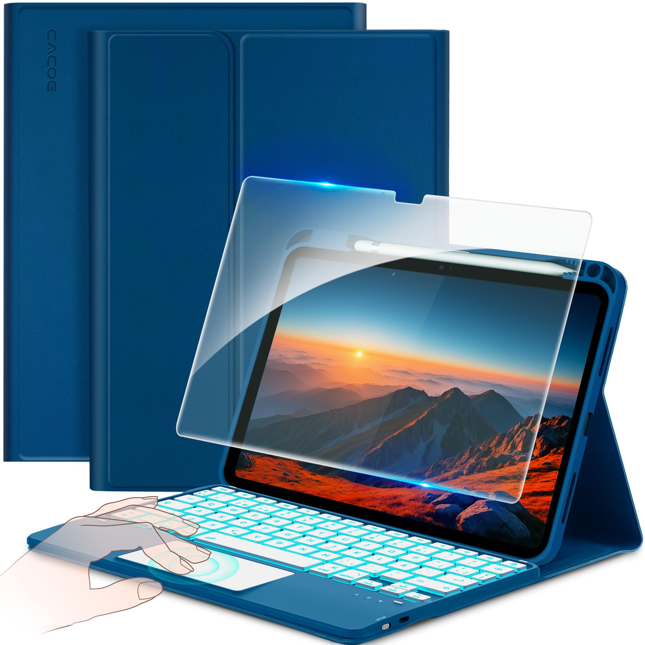 CACOE Keyboard Case for iPad 11th Gen (A16) / 10th Generation (11/10.9 inch) 2025/2022, with Touchpad, 7 Color Lighting, Magnetic Detachable Bluetooth, Ocean Blue Global Recycled Standard Global Recycled Standard Global Recycled Standard